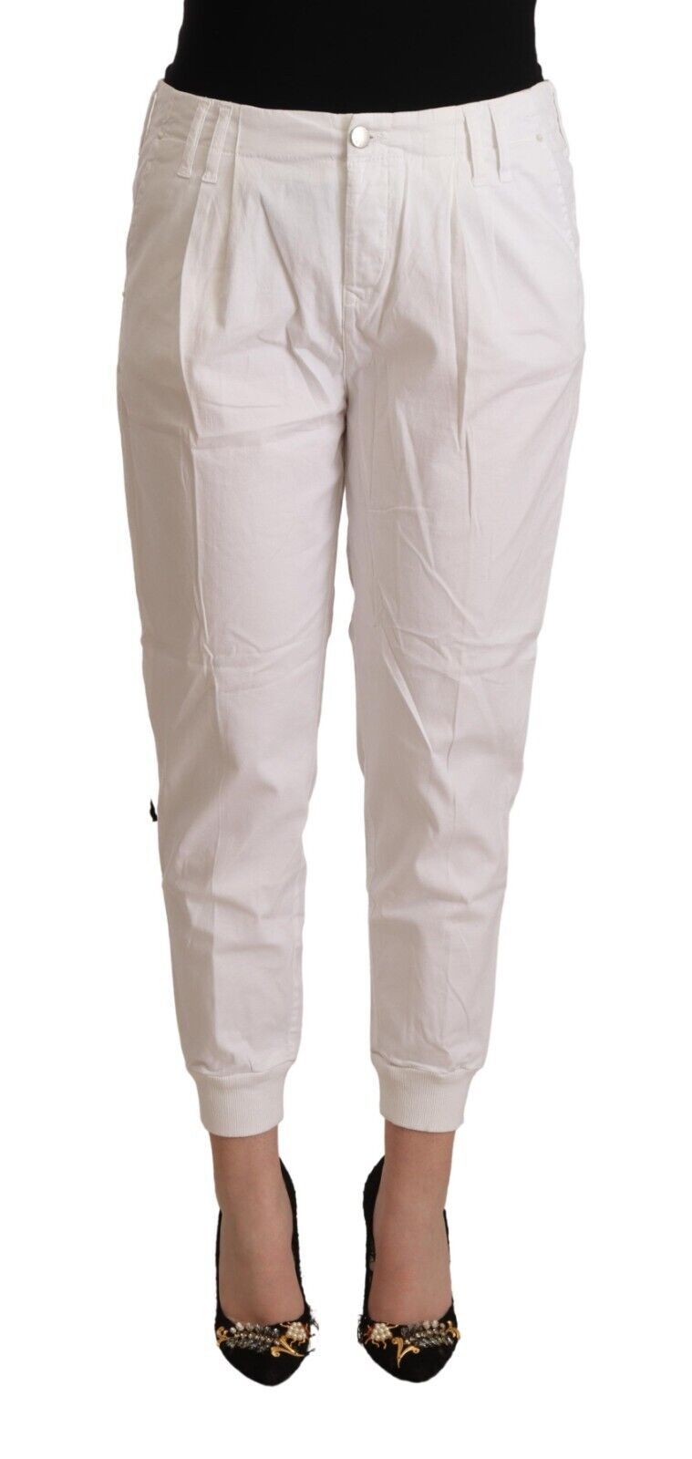 Met White Cotton Mid Waist Tapered Cropped Pants | Regal Royce