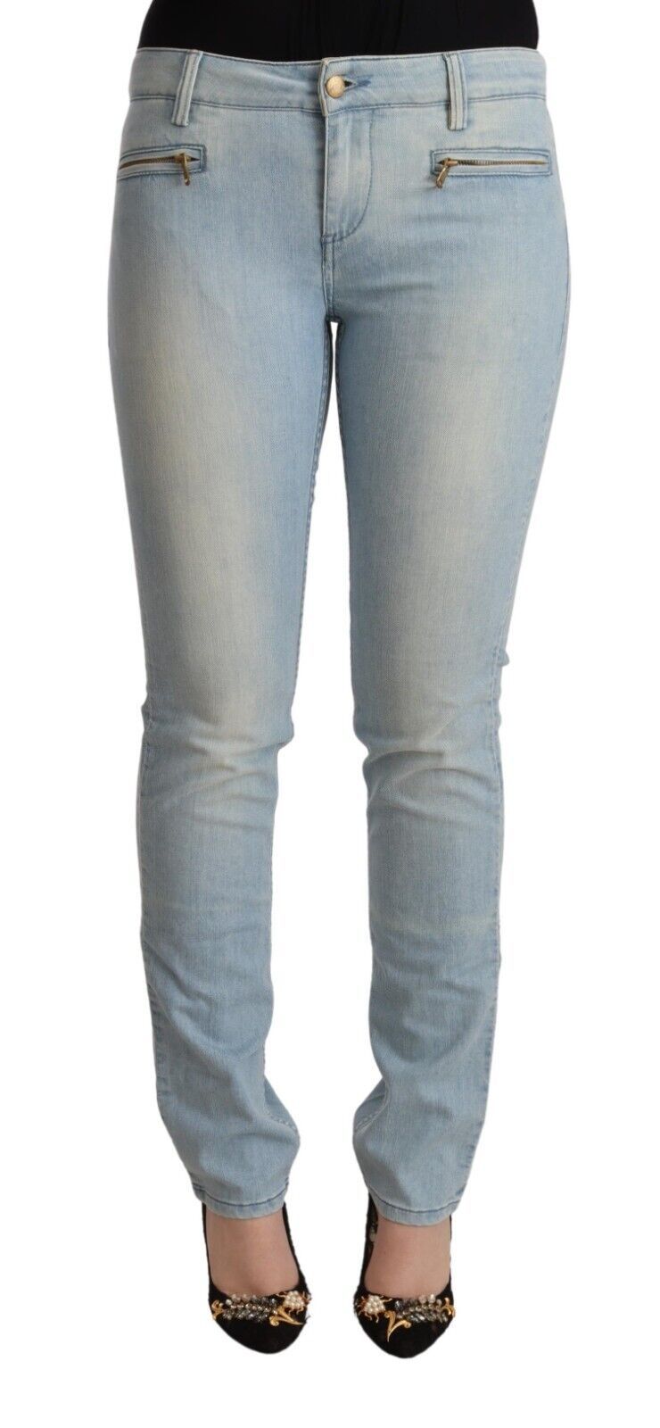 MILA SCHÖN Light Blue Cotton Mid Waist Slim Fit Denim Jeans | Regal Royce
