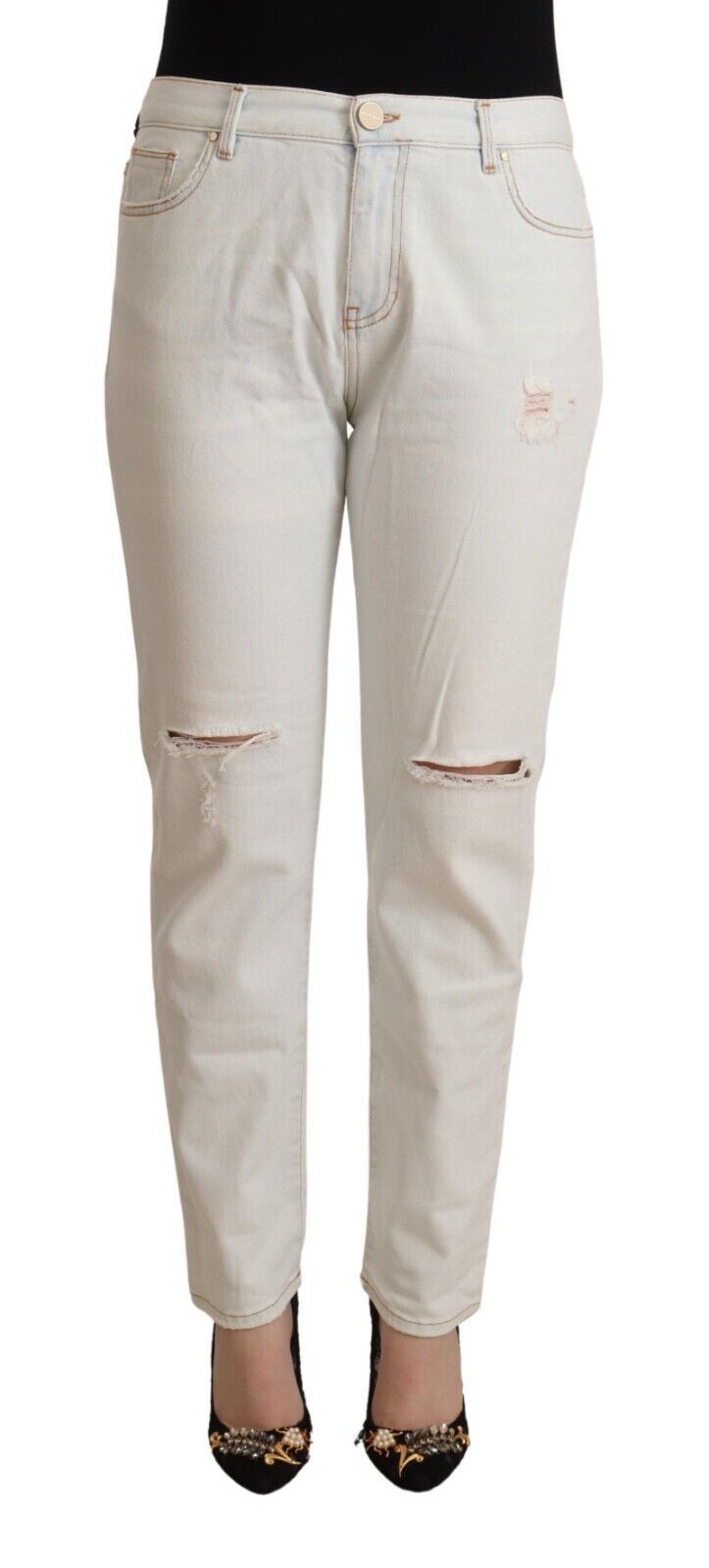 PINKO White Cotton Distressed Mid Waist Skinny Denim Jeans | Regal Royce