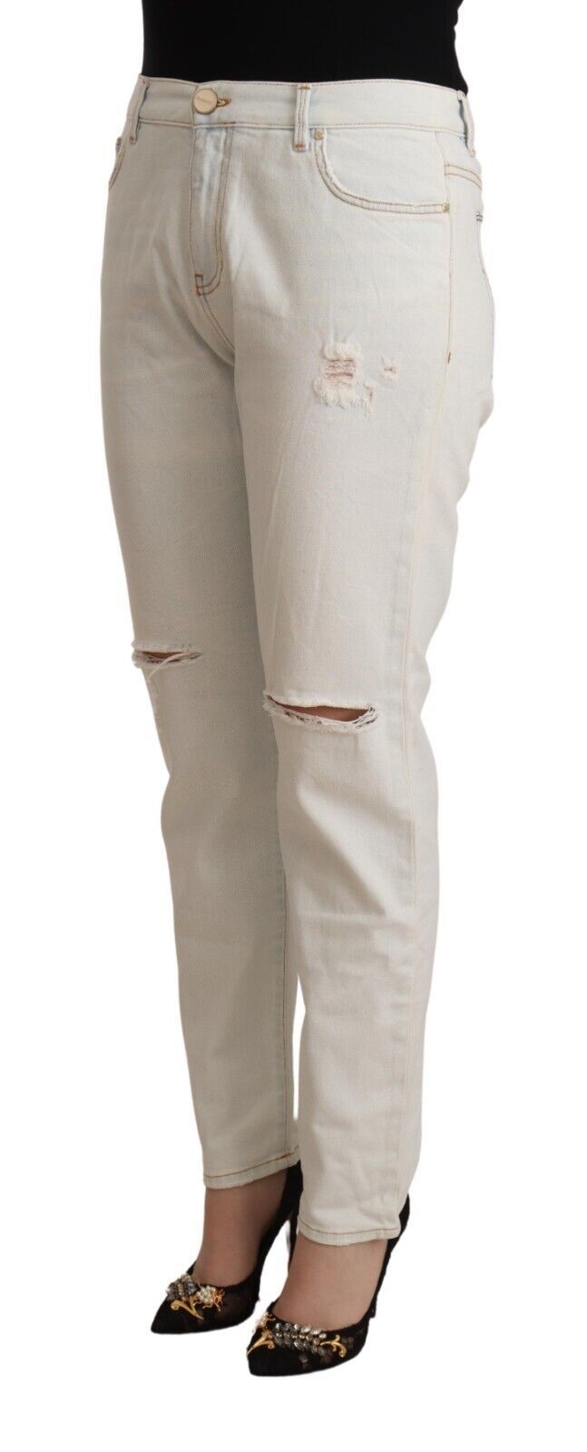 PINKO White Cotton Distressed Mid Waist Skinny Denim Jeans | Regal Royce