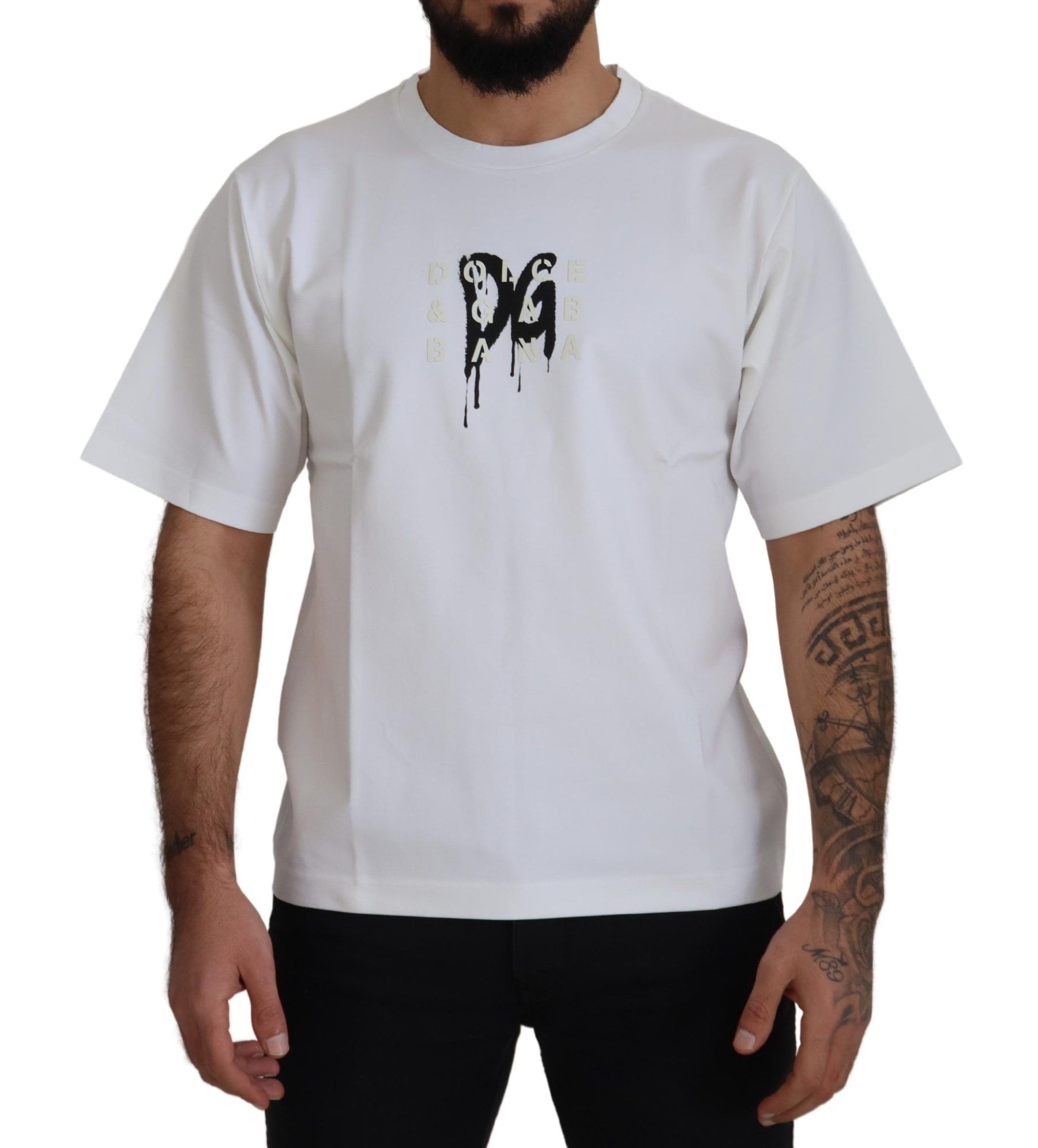 Dolce & Gabbana White Logo Print Cotton Crewneck T-shirt | Regal Royce