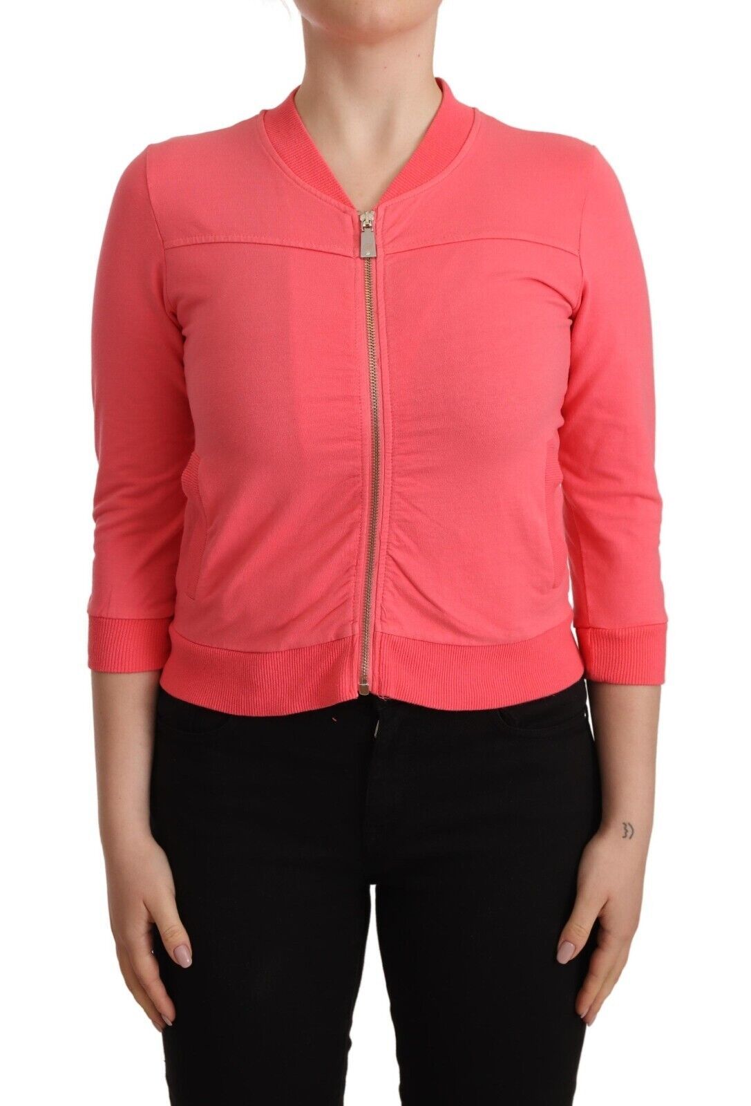 Blumarine Pink 3/4 Sleeve Zip Embellished Sweater | Regal Royce