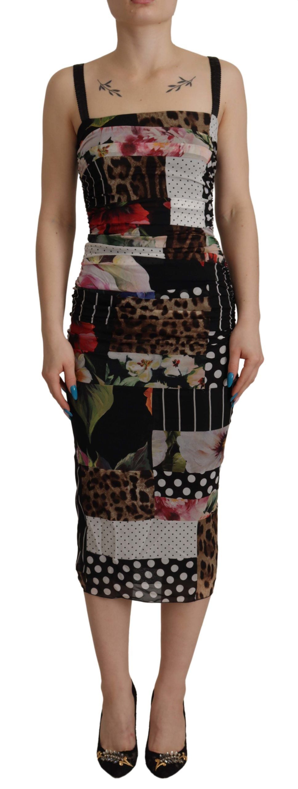 Dolce & Gabbana Multicolor Pachwork Midi Floral Silk Leopard Bodycon Dress | Regal Royce