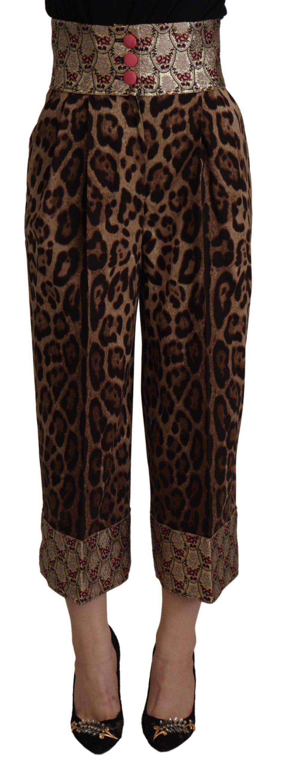 Dolce & Gabbana Brown Leopard Gold Jacquard High Waist Pants | Regal Royce