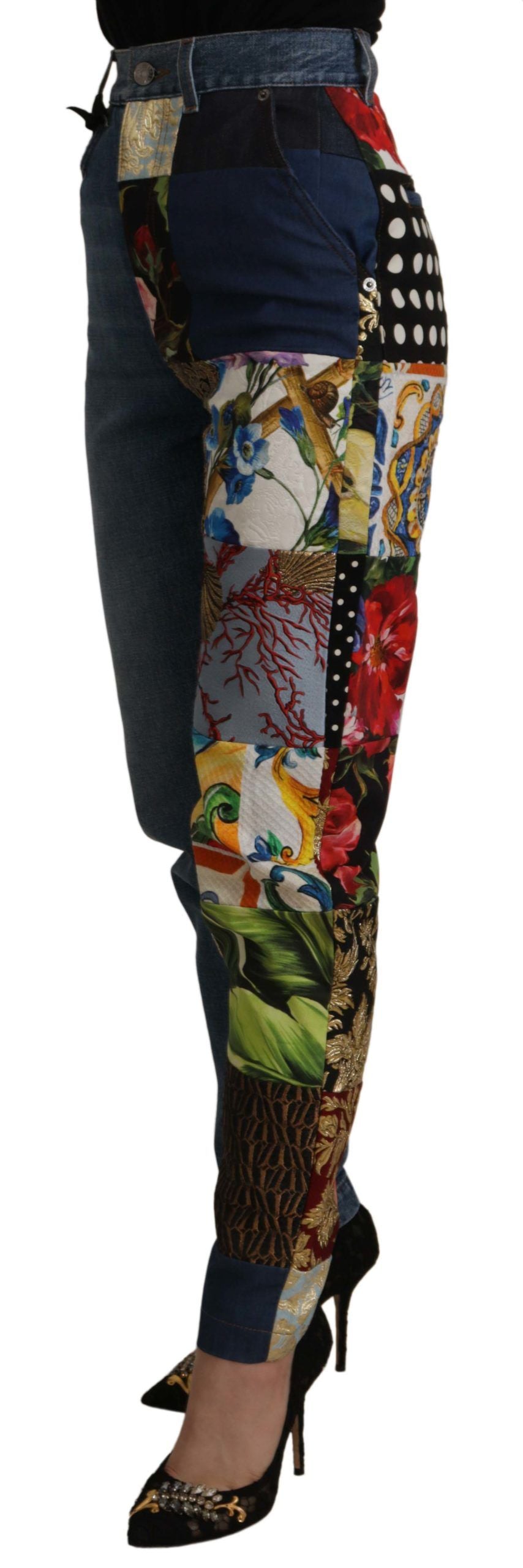 Dolce & Gabbana Blue Jeans Jacquard Majolica High Waist Pants | Regal Royce