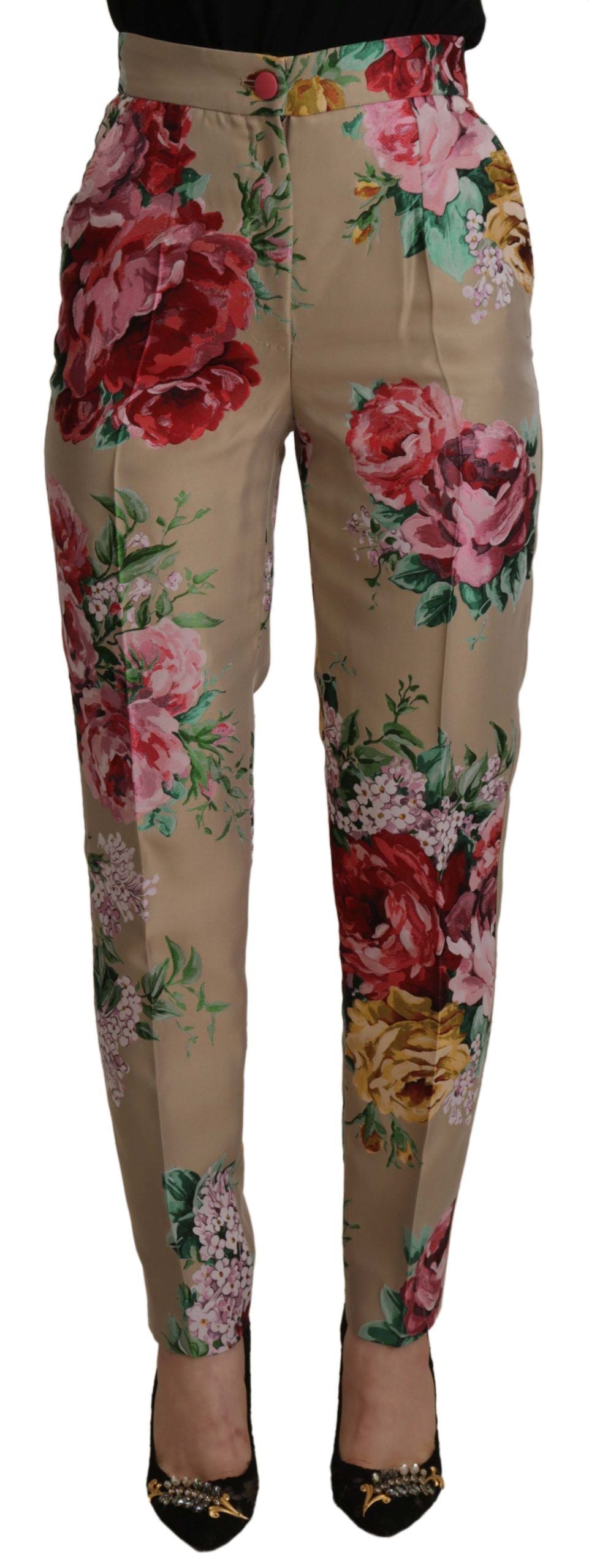 Dolce & Gabbana Beige Floral Dress Formal High Waist Pants | Regal Royce