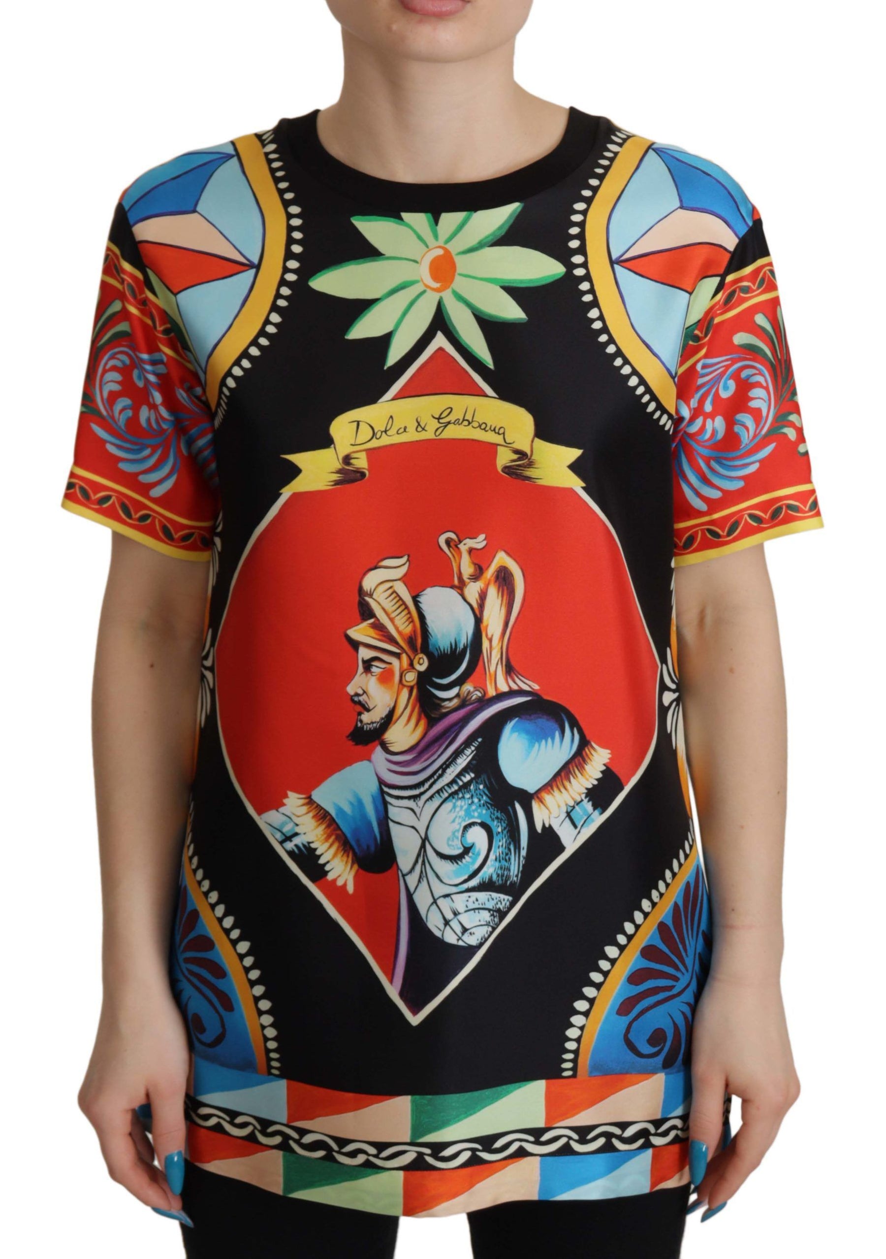 Dolce & Gabbana Multicolor Soldier Carretto Silk Top  T-shirt | Regal Royce