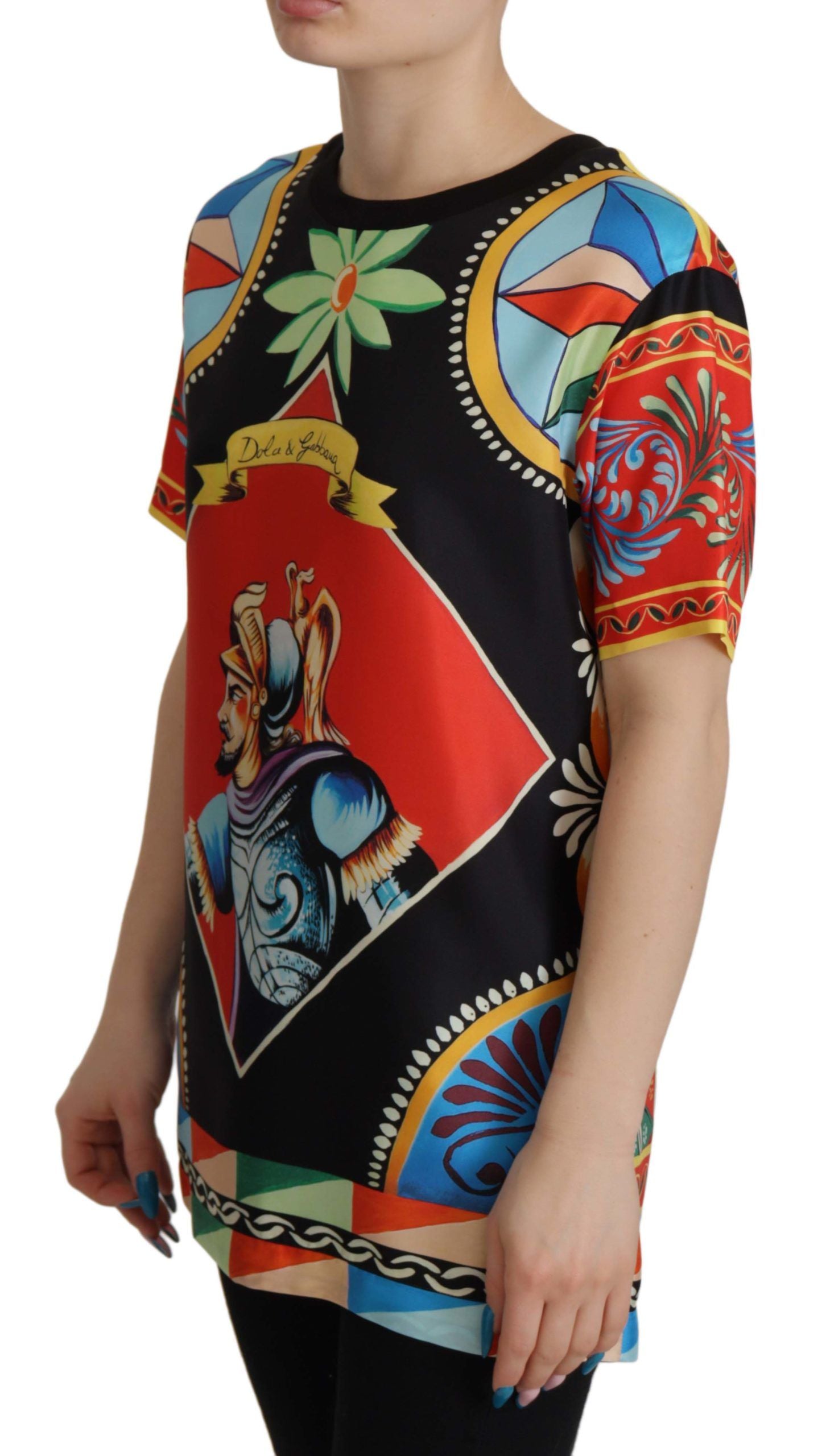 Dolce & Gabbana Multicolor Soldier Carretto Silk Top  T-shirt | Regal Royce