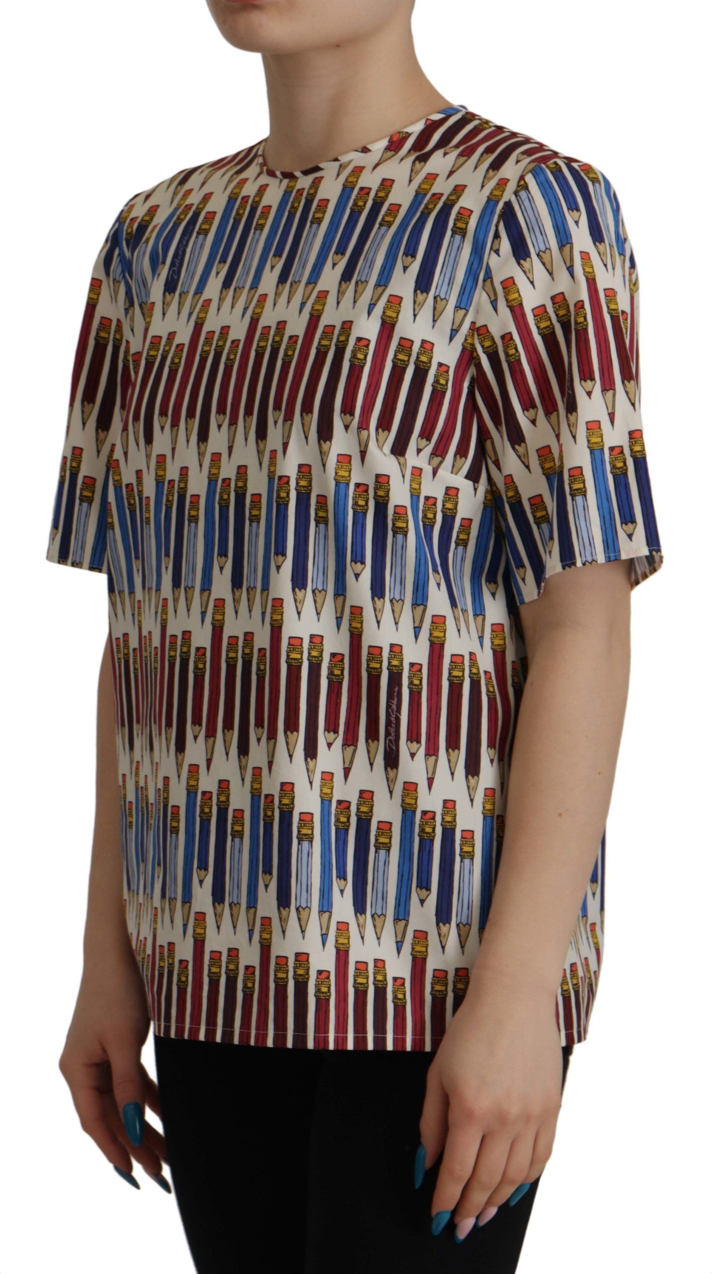 Dolce & Gabbana White Pencil Print Cotton T-shirt Blouse | Regal Royce