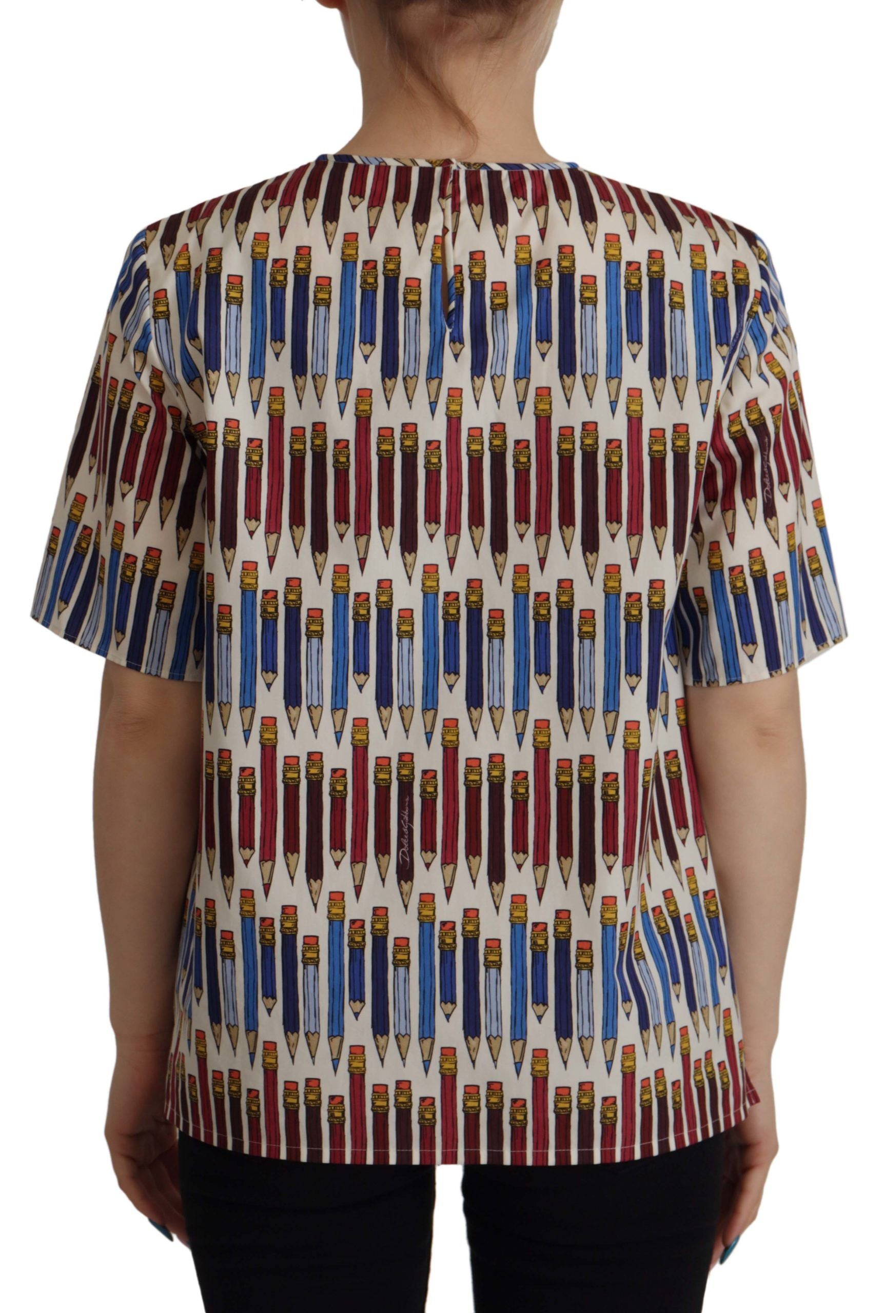 Dolce & Gabbana White Pencil Print Cotton T-shirt Blouse | Regal Royce