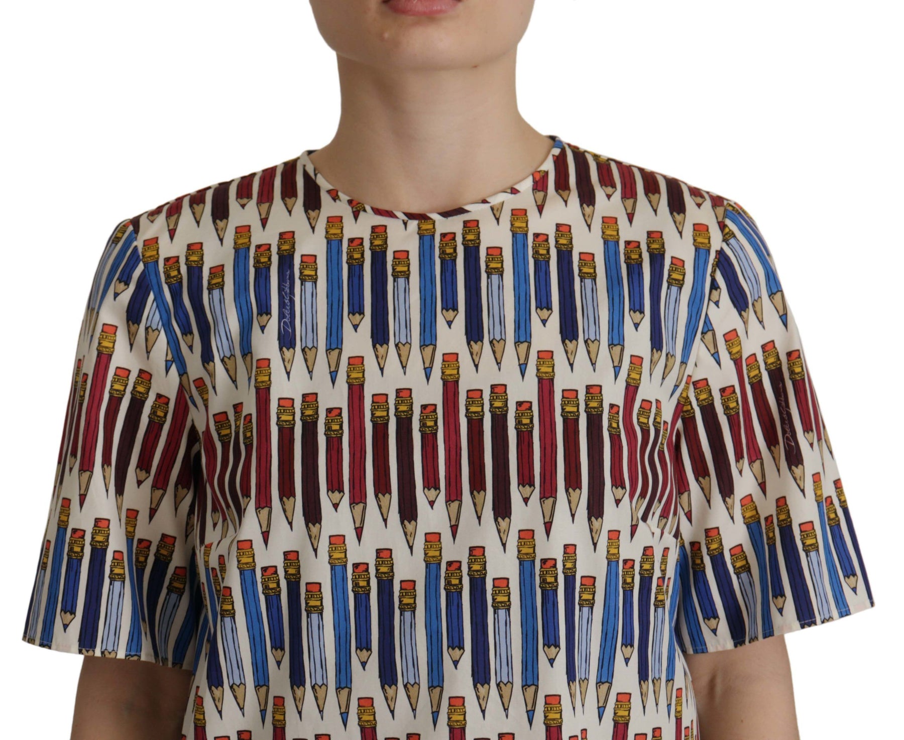 Dolce & Gabbana White Pencil Print Cotton T-shirt Blouse | Regal Royce