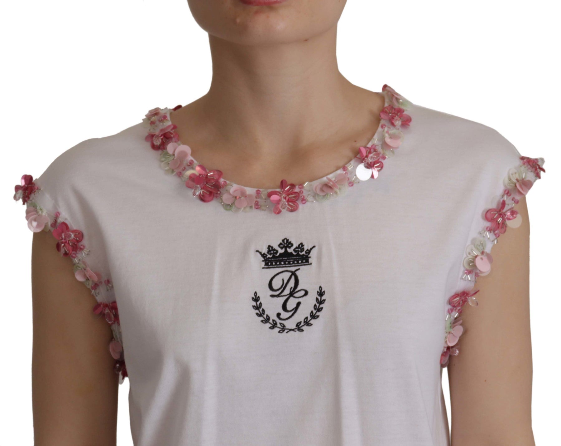 Dolce & Gabbana White DG Crown Floral Sequin T-shirt | Regal Royce
