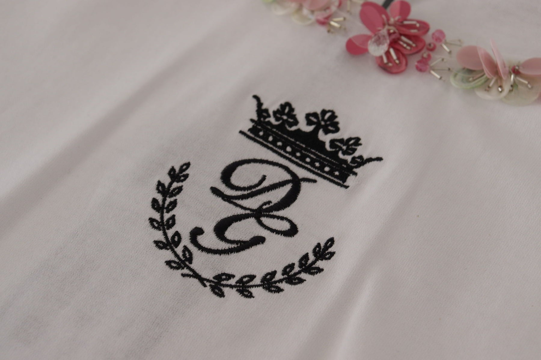 Dolce & Gabbana White DG Crown Floral Sequin T-shirt | Regal Royce