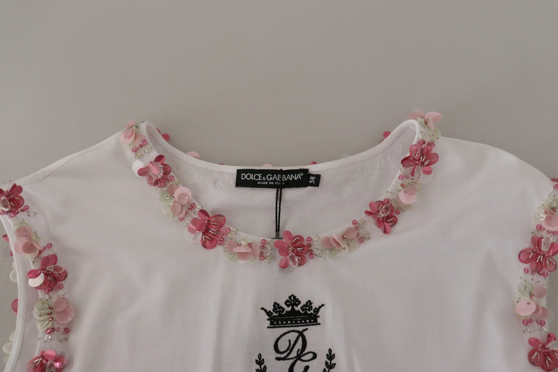 Dolce & Gabbana White DG Crown Floral Sequin T-shirt | Regal Royce