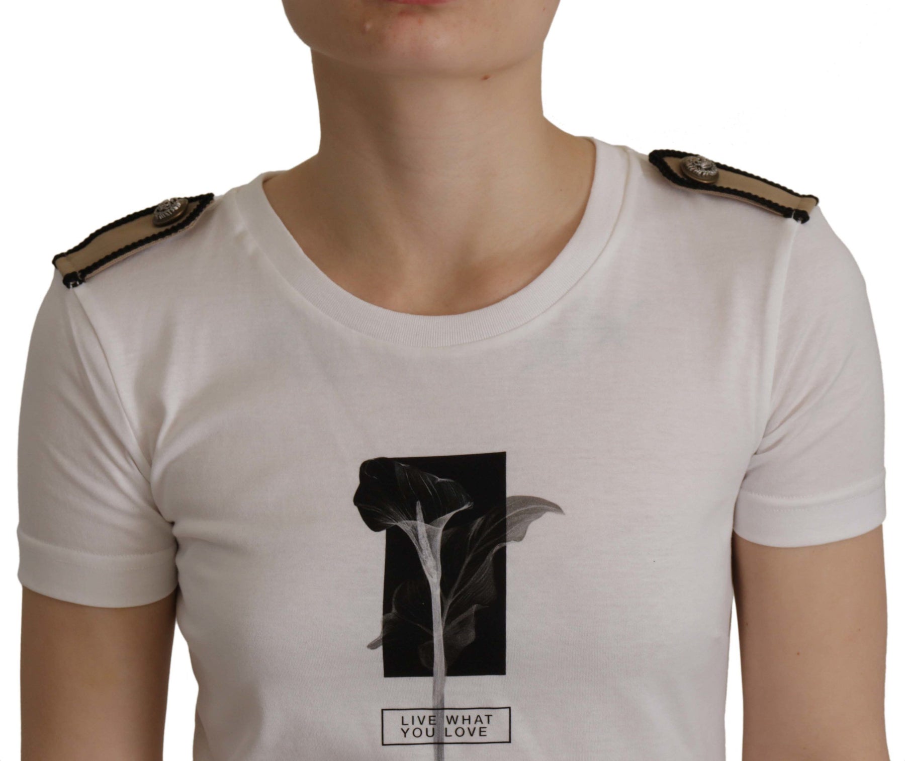 Dolce & Gabbana White Black Roses Crewneck Cotton  T-shirt | Regal Royce