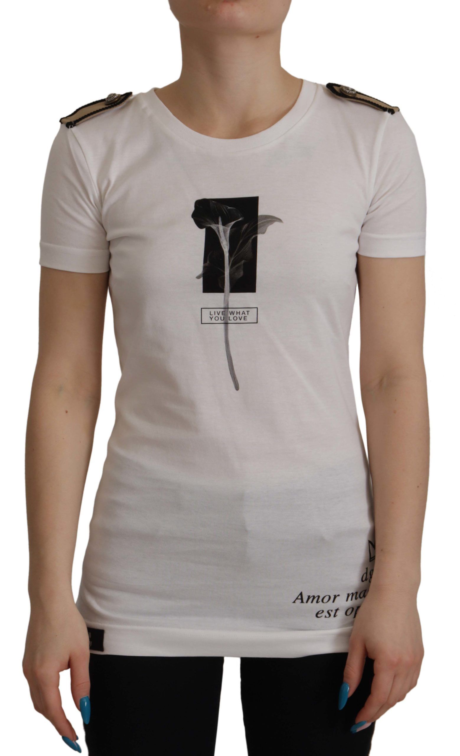 Dolce & Gabbana White Black Roses Crewneck Cotton  T-shirt | Regal Royce