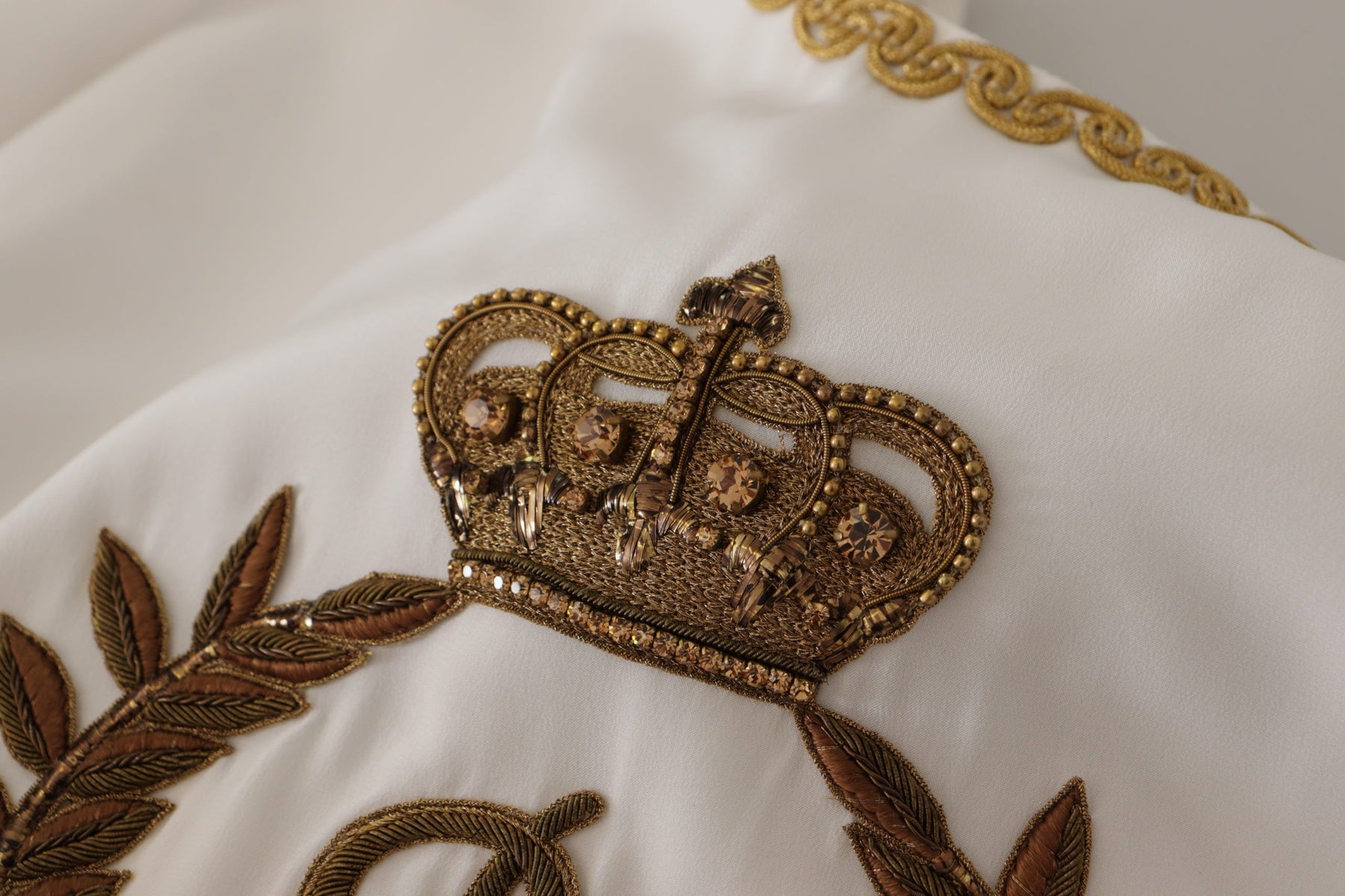 Dolce & Gabbana White Silk Gold DG Crown Crystal Blouse Top | Regal Royce