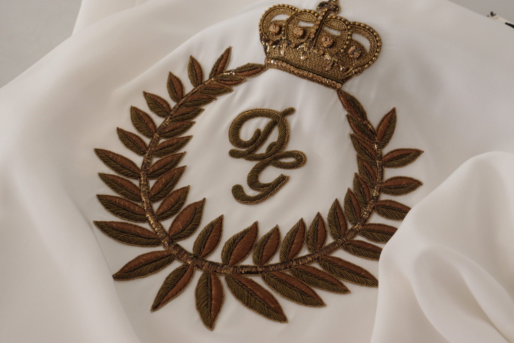 Dolce & Gabbana White Silk Gold DG Crown Crystal Blouse Top | Regal Royce