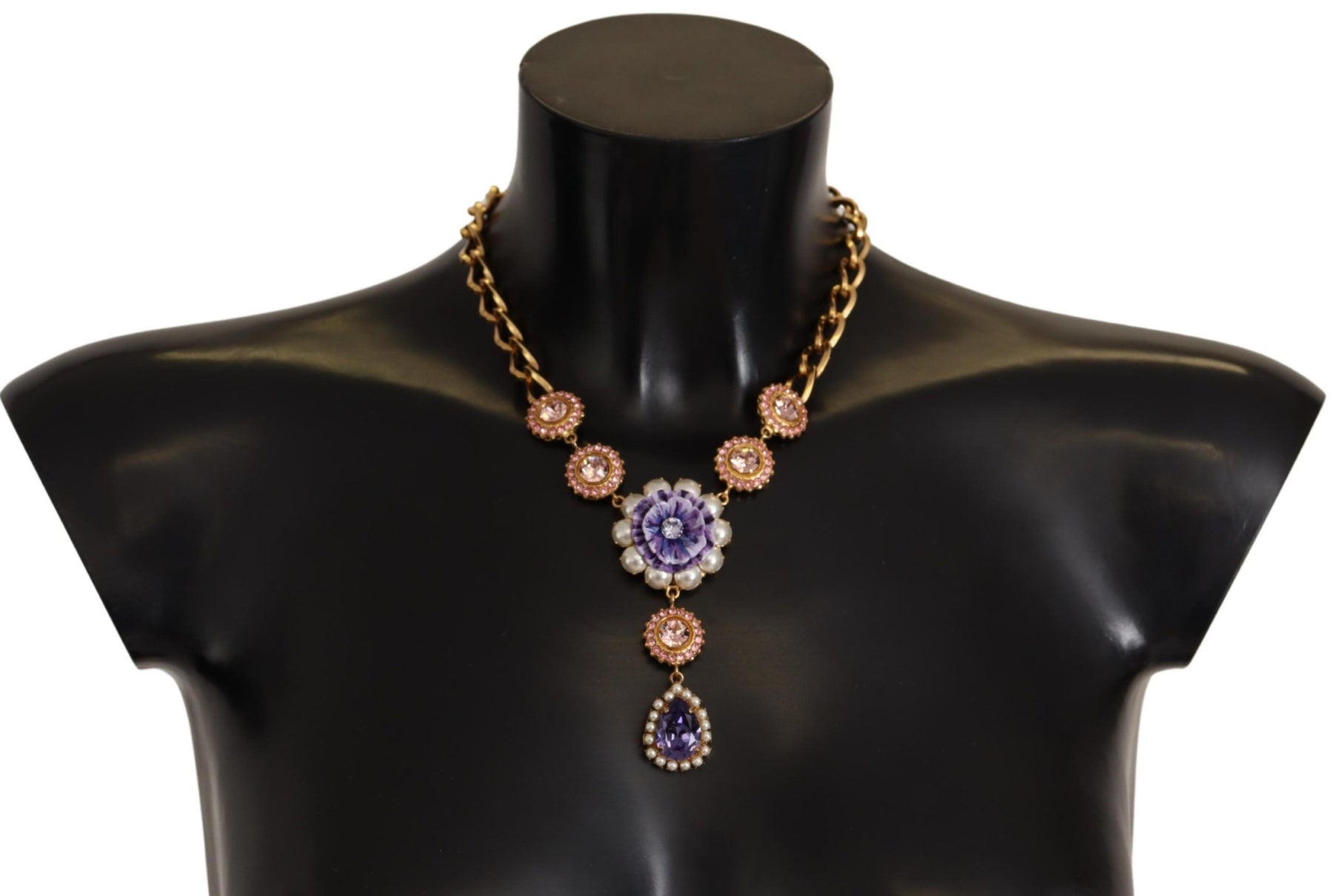 Dolce & Gabbana Gold Brass Crystal Purple Pink Pearl Pendants Necklace | Regal Royce
