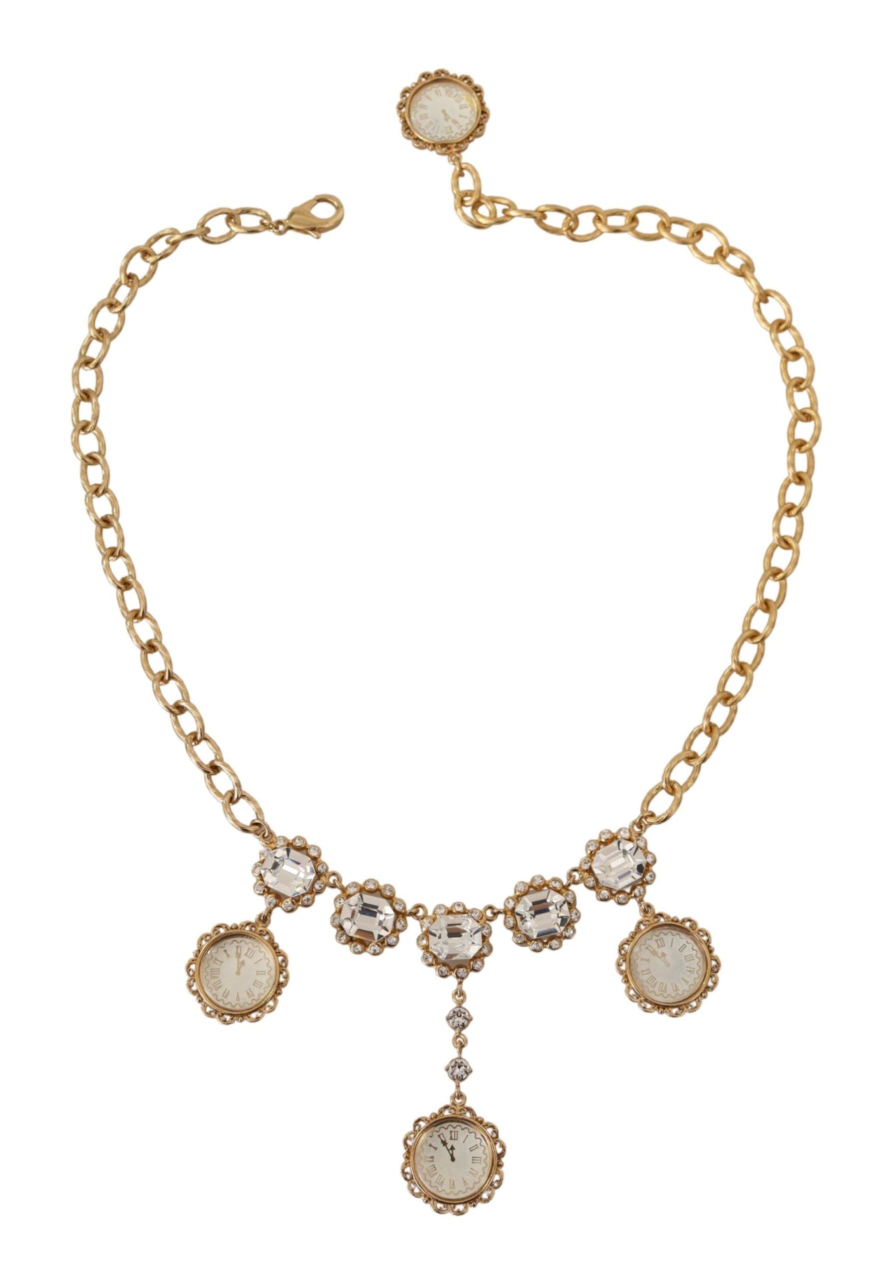 Dolce & Gabbana Gold Clock Statement Crystal Chain Necklace | Regal Royce