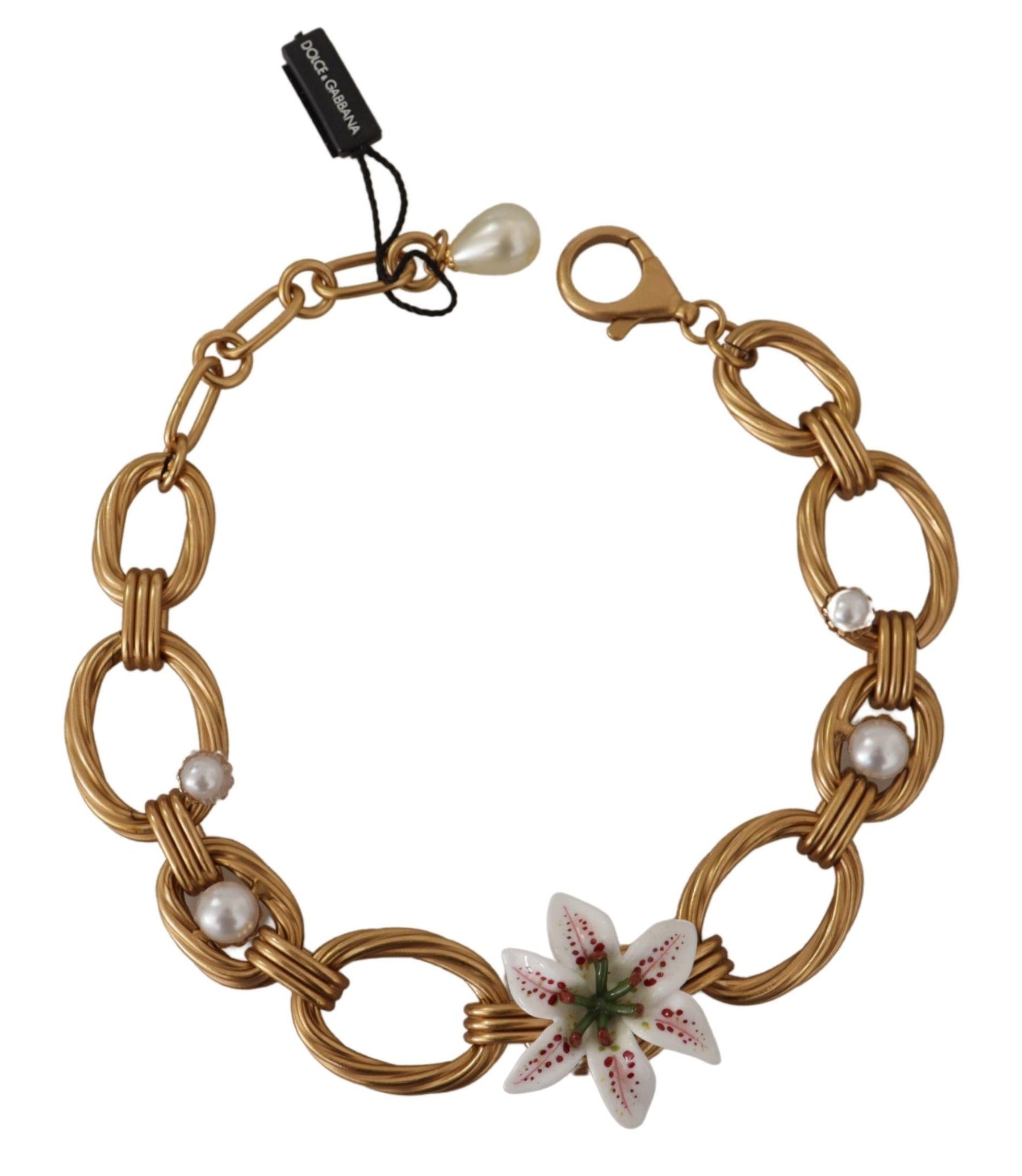 Dolce & Gabbana Gold White Lily Floral Chain Statement Necklace | Regal Royce
