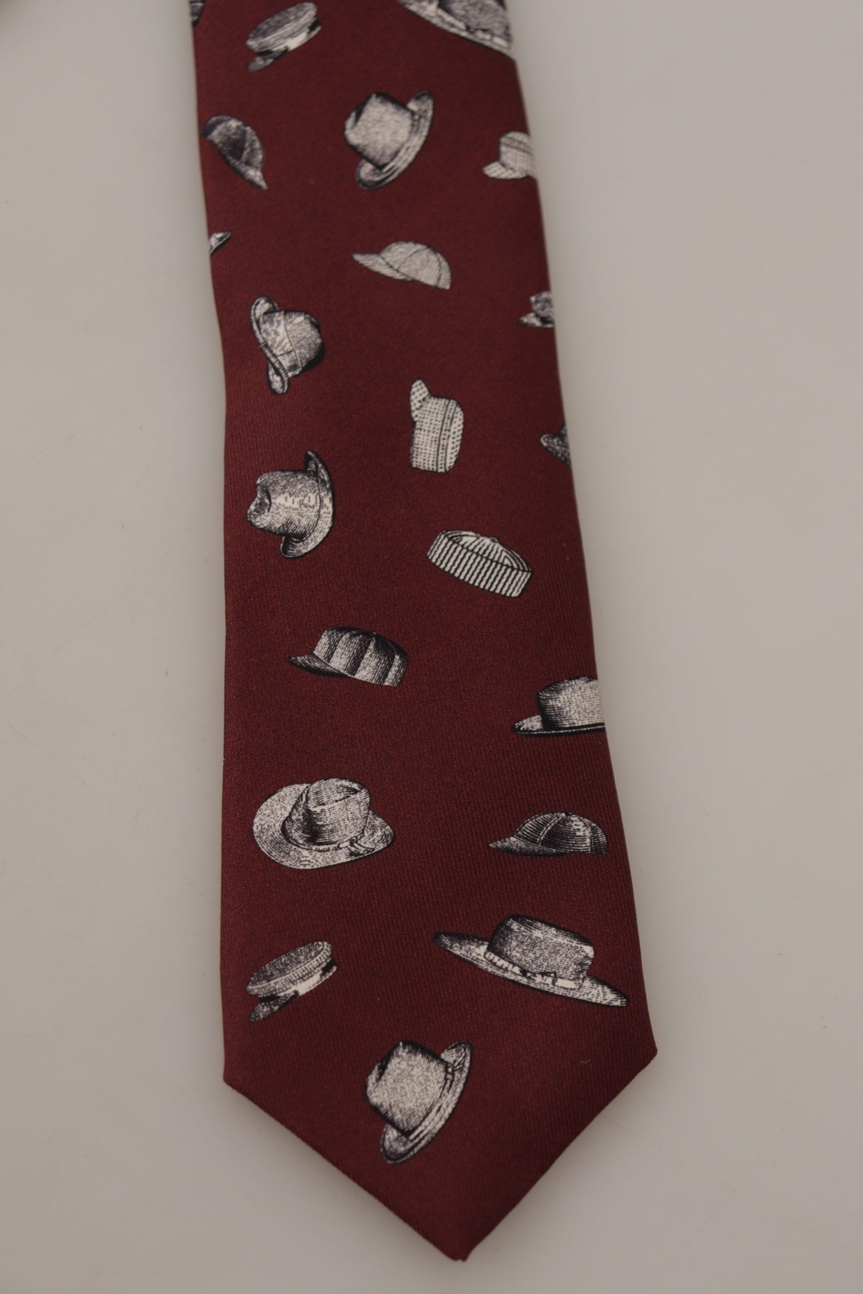 Dolce & Gabbana Maroon Hat Pattern 100% Silk Adjustable Accessory Tie | Regal Royce