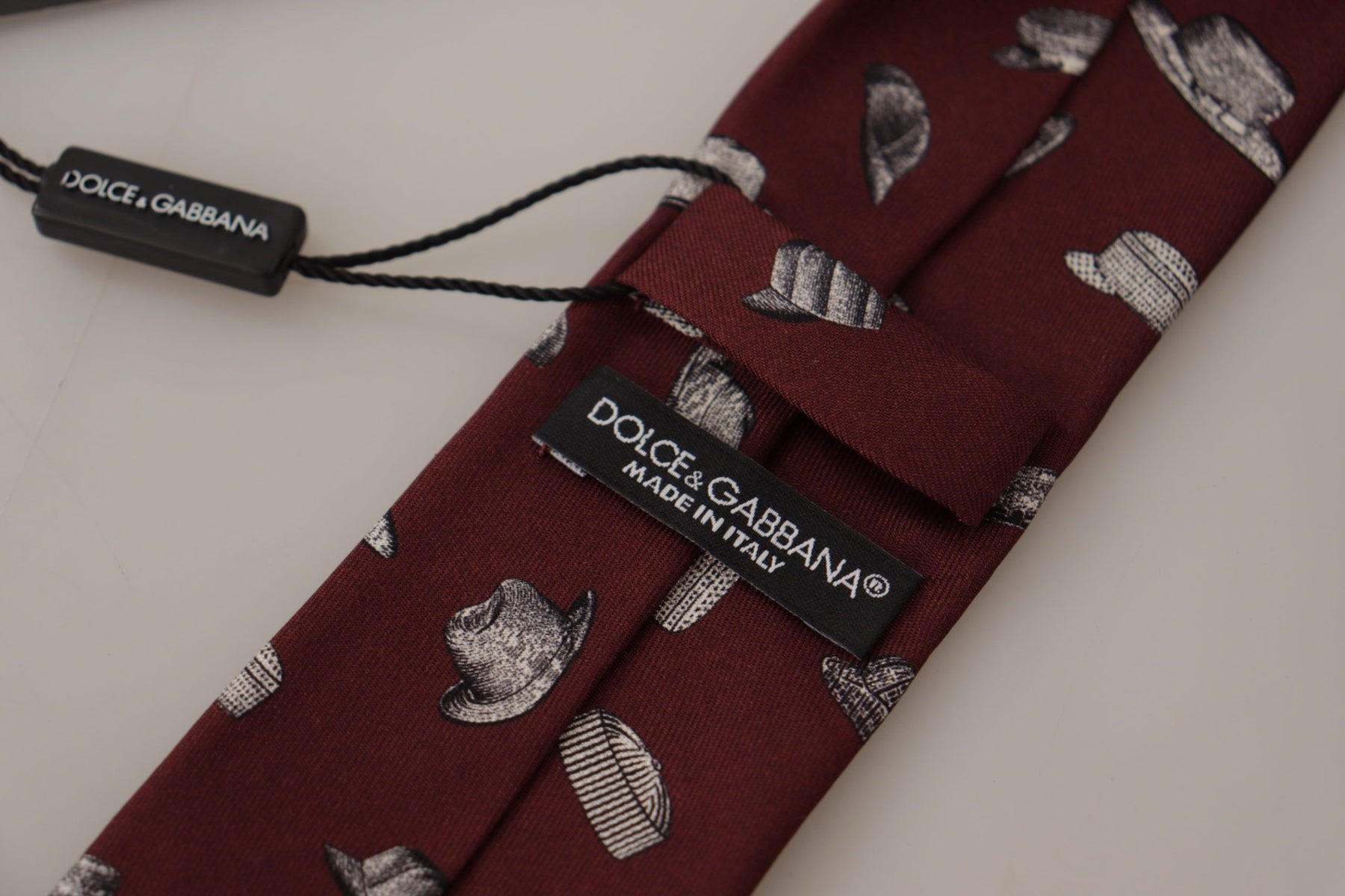 Dolce & Gabbana Maroon Hat Pattern 100% Silk Adjustable Accessory Tie | Regal Royce