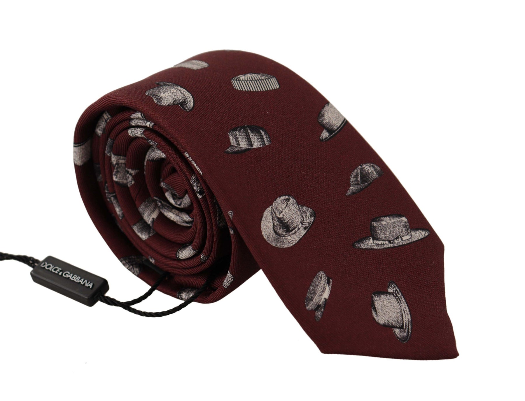 Dolce & Gabbana Maroon Hat Pattern 100% Silk Adjustable Accessory Tie | Regal Royce