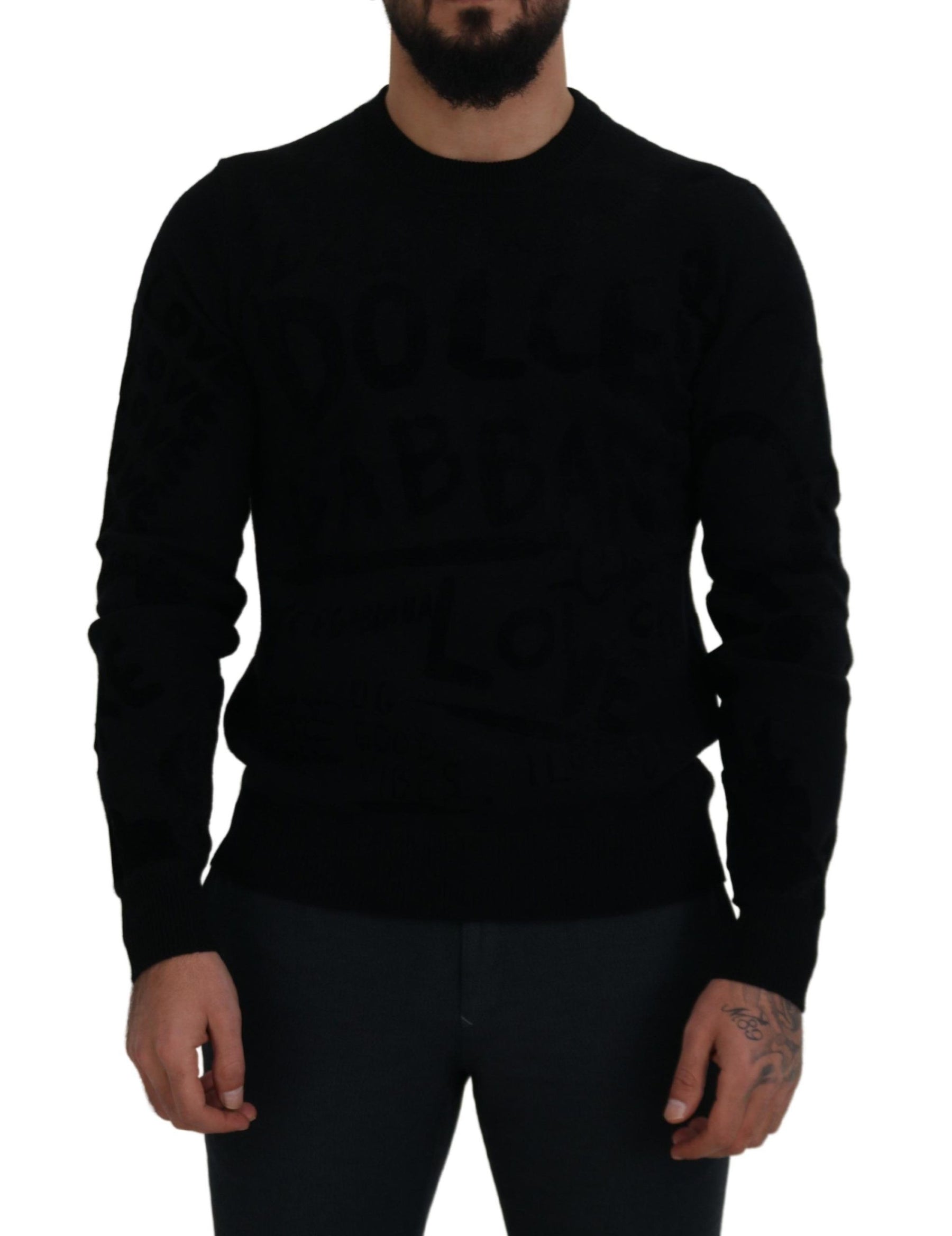 Dolce & Gabbana Black Wool Logo Pattern Crewneck Pullover Sweater | Regal Royce