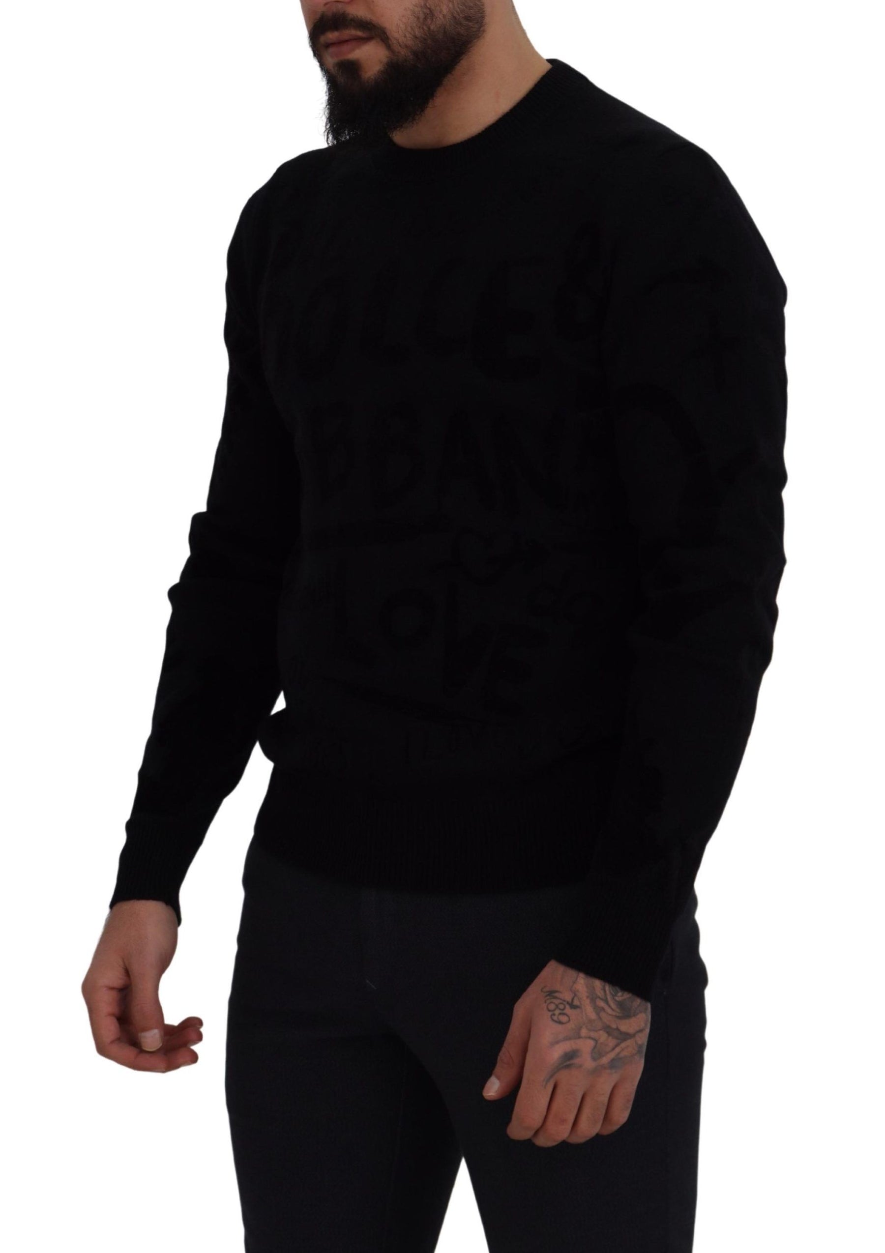 Dolce & Gabbana Black Wool Logo Pattern Crewneck Pullover Sweater | Regal Royce