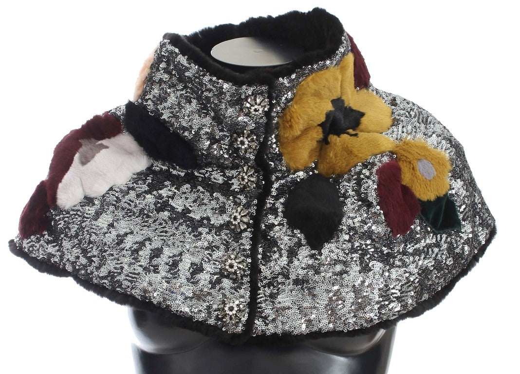 Dolce & Gabbana Silver Sequined Floral Weasel Fur Shoulder Scarf Wrap | Regal Royce