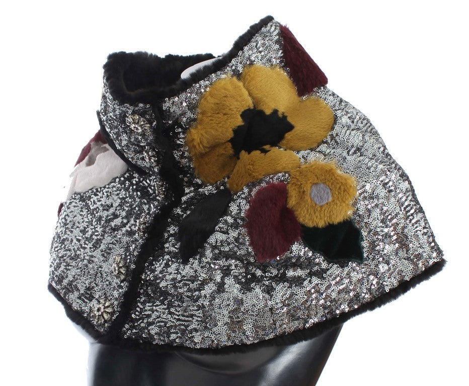 Dolce & Gabbana Silver Sequined Floral Weasel Fur Shoulder Scarf Wrap | Regal Royce
