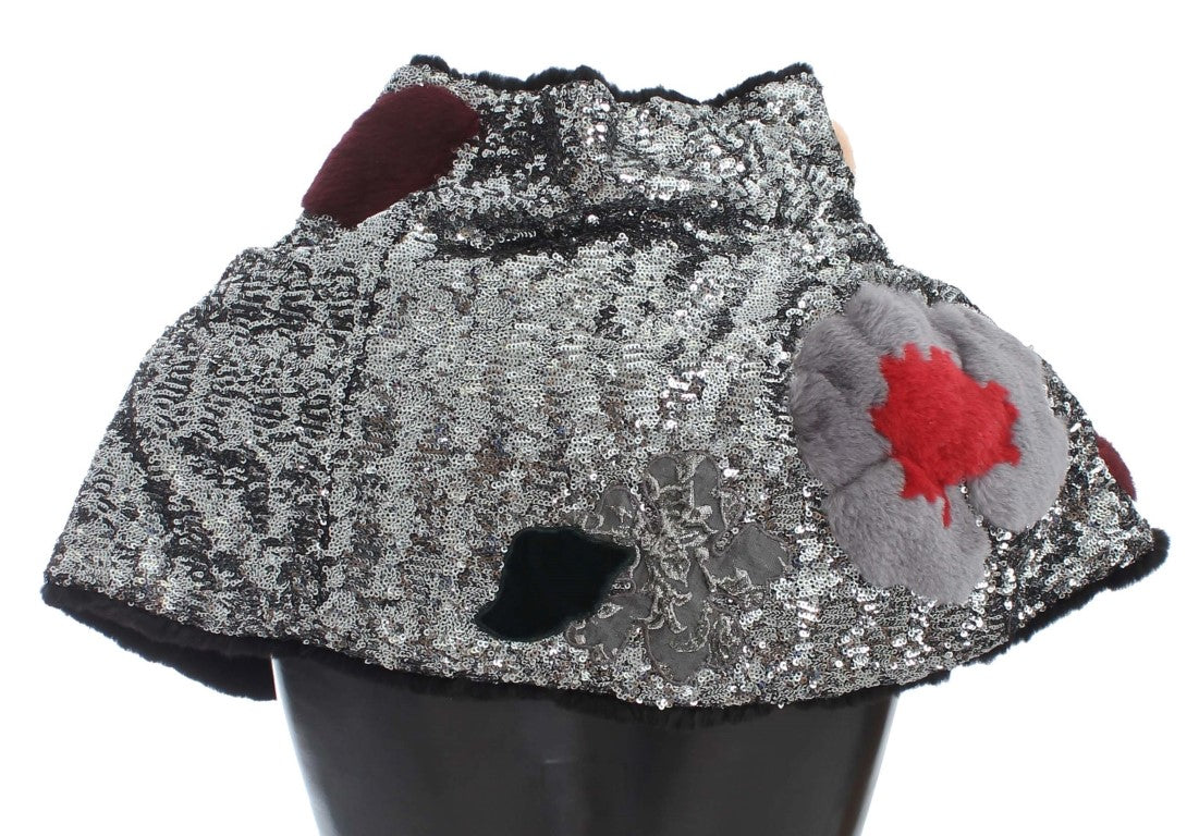 Dolce & Gabbana Silver Sequined Floral Weasel Fur Shoulder Scarf Wrap | Regal Royce