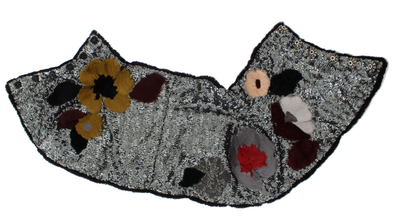Dolce & Gabbana Silver Sequined Floral Weasel Fur Shoulder Scarf Wrap | Regal Royce
