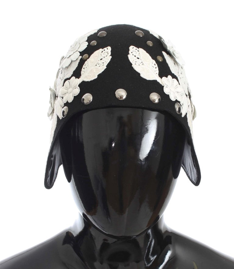 Dolce & Gabbana Black Wool White Floral Gold Leaf Hat | Regal Royce
