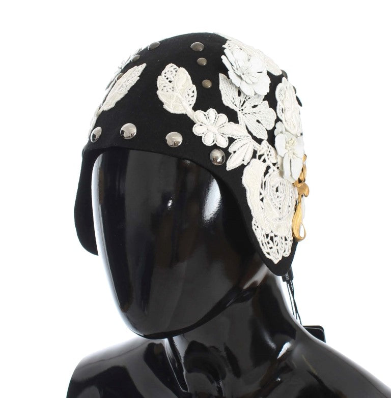 Dolce & Gabbana Black Wool White Floral Gold Leaf Hat | Regal Royce