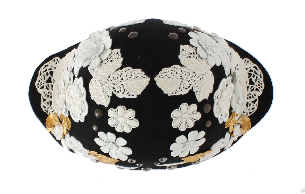Dolce & Gabbana Black Wool White Floral Gold Leaf Hat | Regal Royce