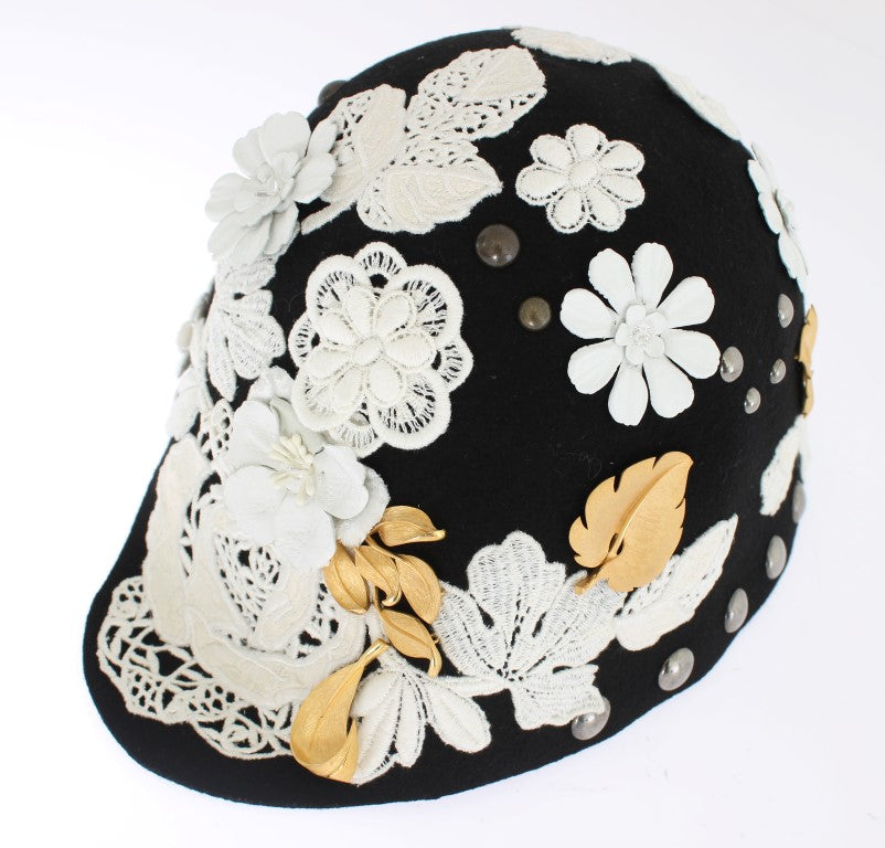 Dolce & Gabbana Black Wool White Floral Gold Leaf Hat | Regal Royce