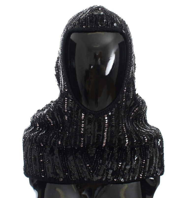 Dolce & Gabbana Black Knitted Sequin Hood Scarf Hat | Regal Royce