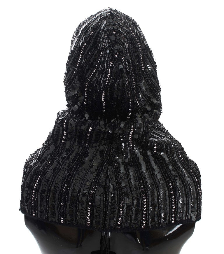 Dolce & Gabbana Black Knitted Sequin Hood Scarf Hat | Regal Royce