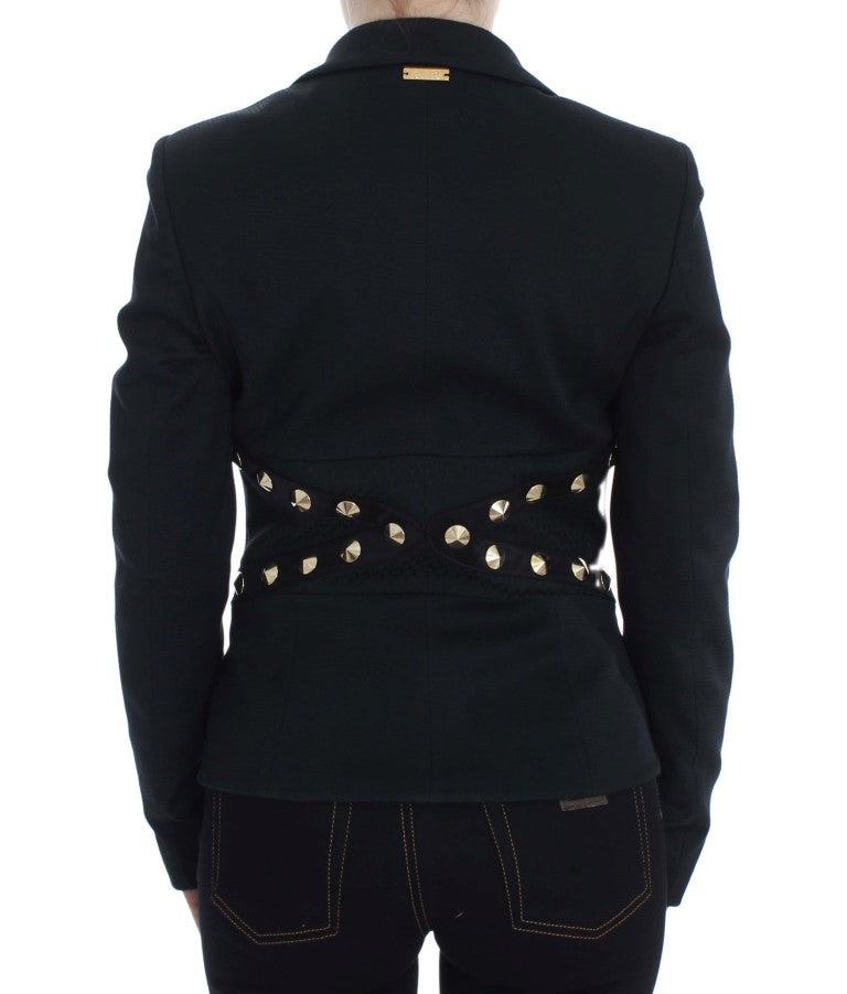 Exte Black Cotton Stretch Gold Studded Blazer Jacket | Regal Royce