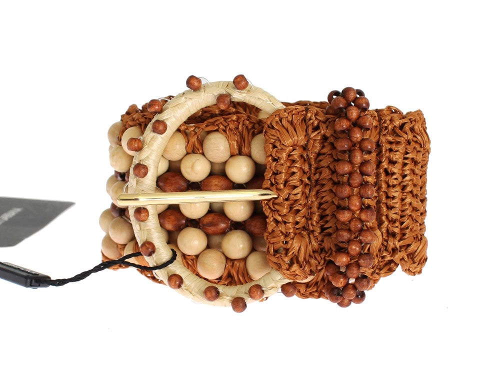 Dolce & Gabbana Brown Raffia Wood Beaded Wide Waist Belt | Regal Royce