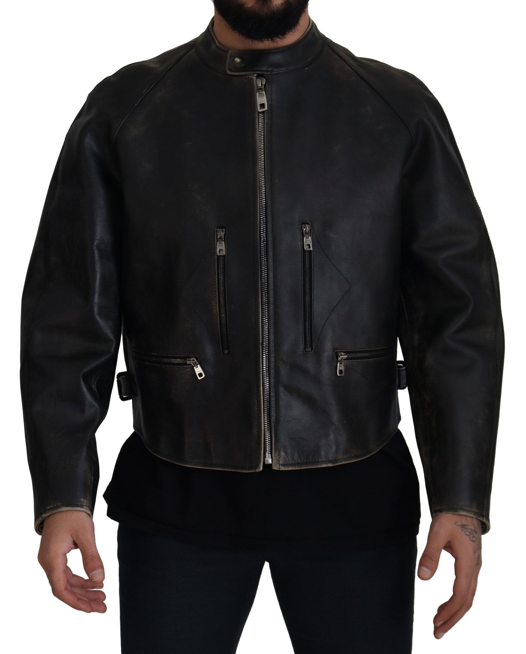 Dolce & Gabbana Black Leather Zipper Biker Coat Jacket | Regal Royce