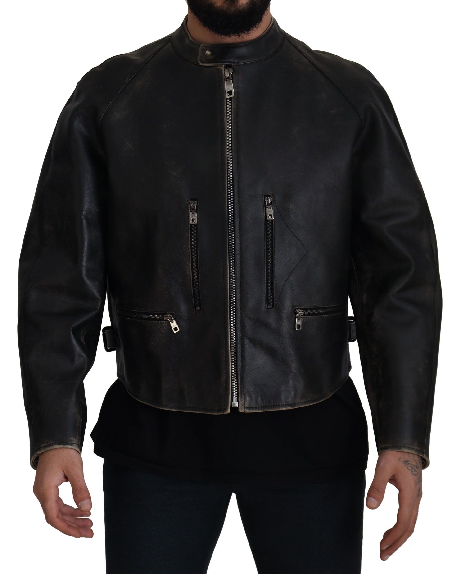 Dolce & Gabbana Black Leather Zipper Biker Coat Jacket