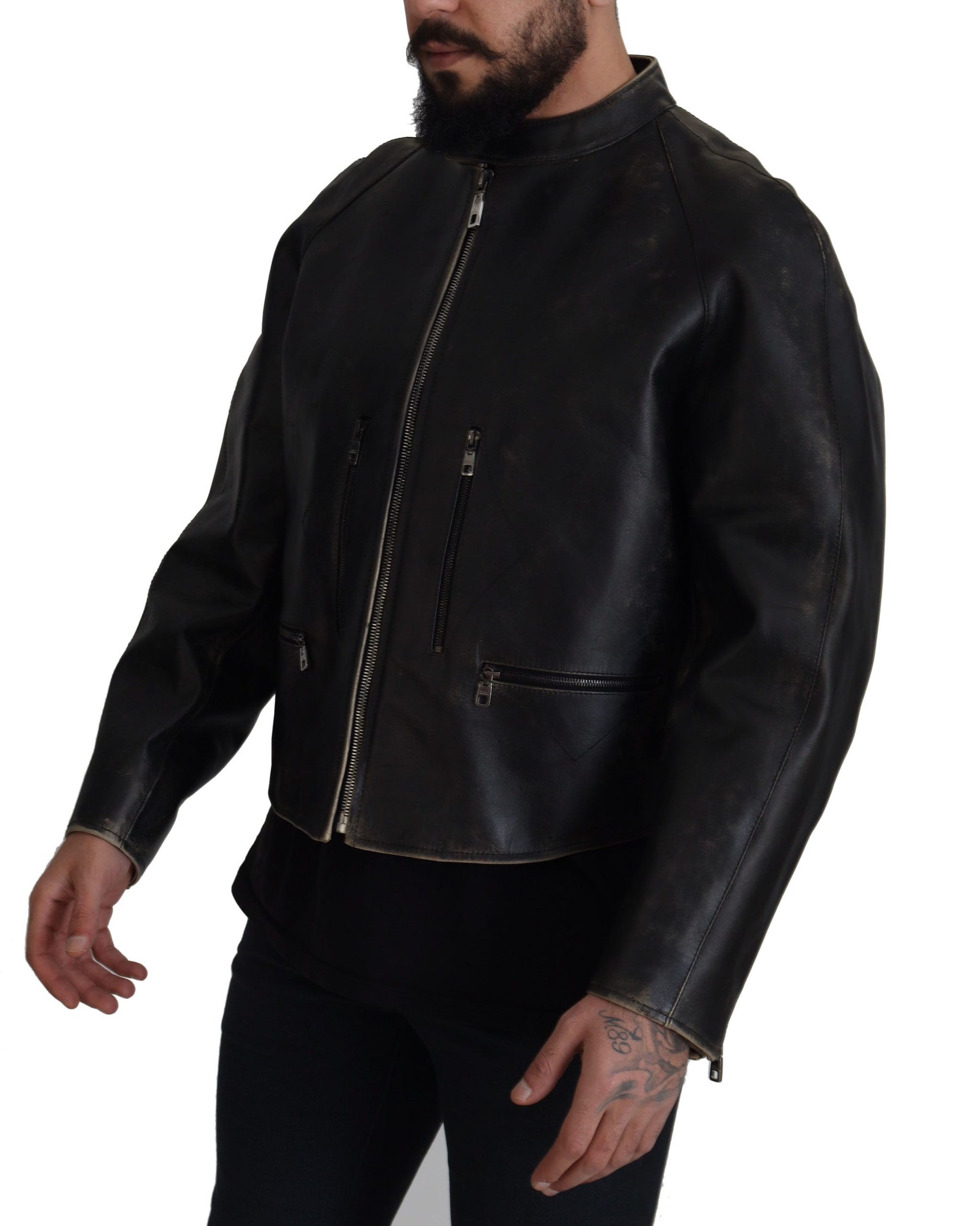 Dolce & Gabbana Black Leather Zipper Biker Coat Jacket | Regal Royce