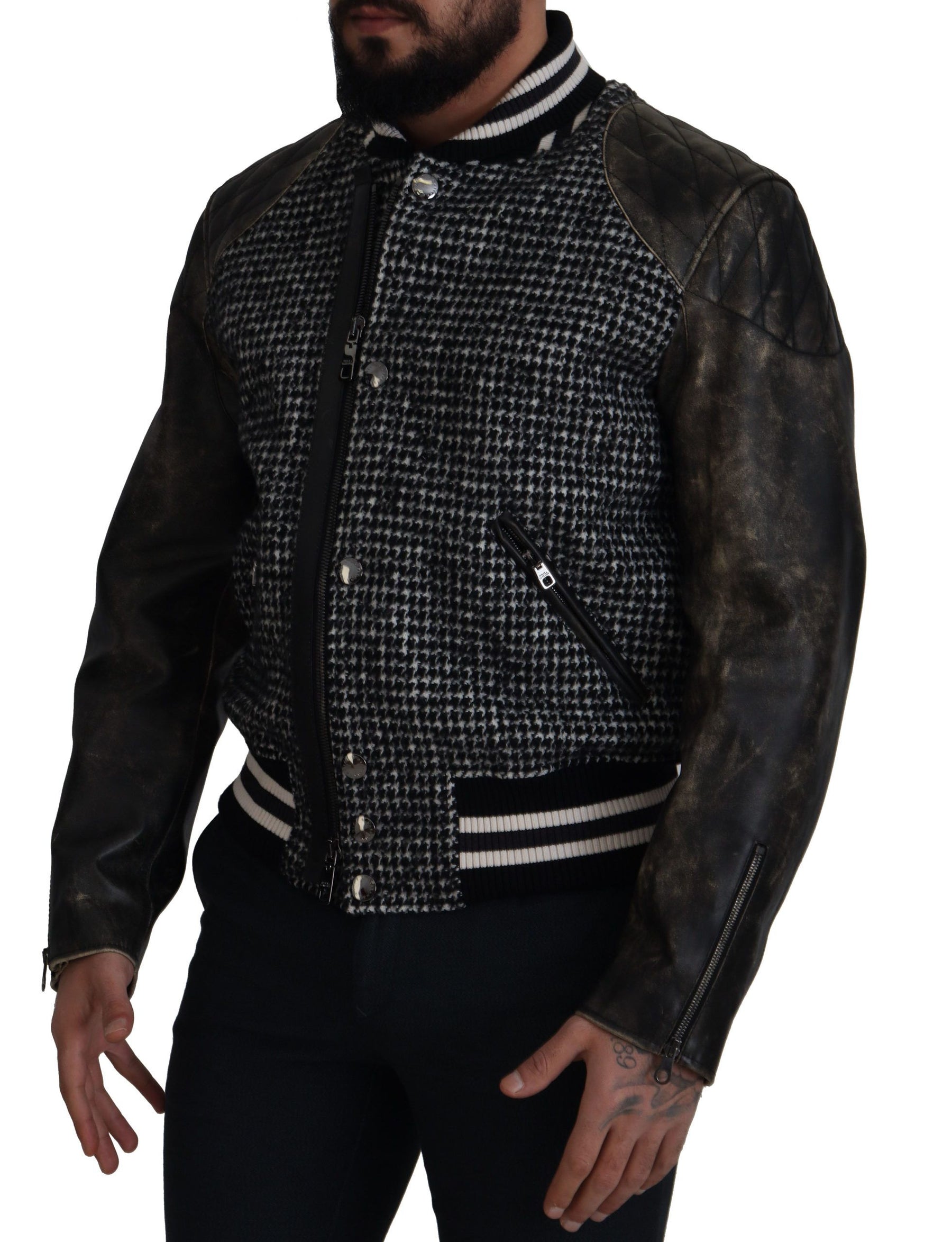 Dolce & Gabbana Black Houndstooth Polyester Bomber Jacket | Regal Royce