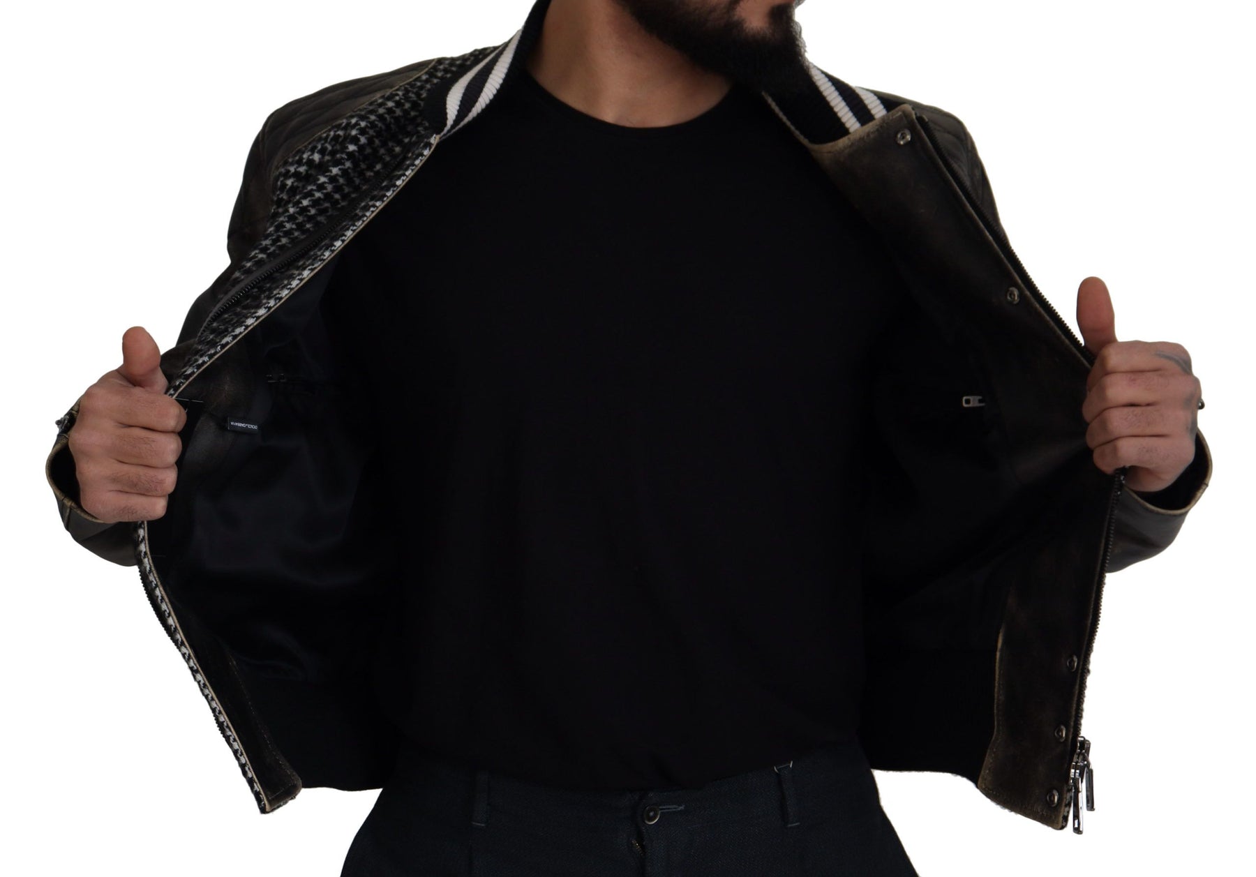 Dolce & Gabbana Black Houndstooth Polyester Bomber Jacket | Regal Royce