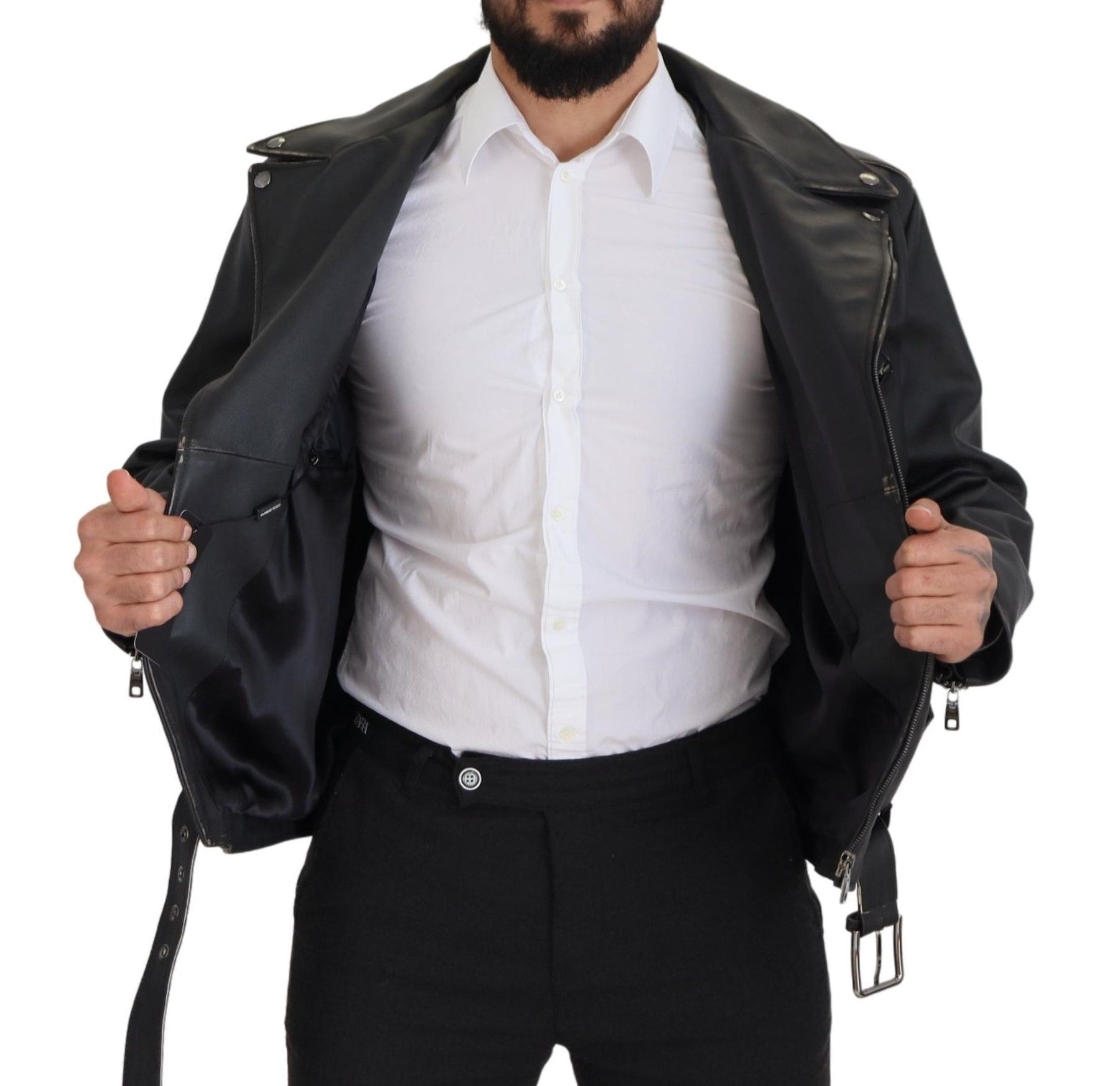 Dolce & Gabbana Black Leather Biker Coat Zipper Jacket | Regal Royce