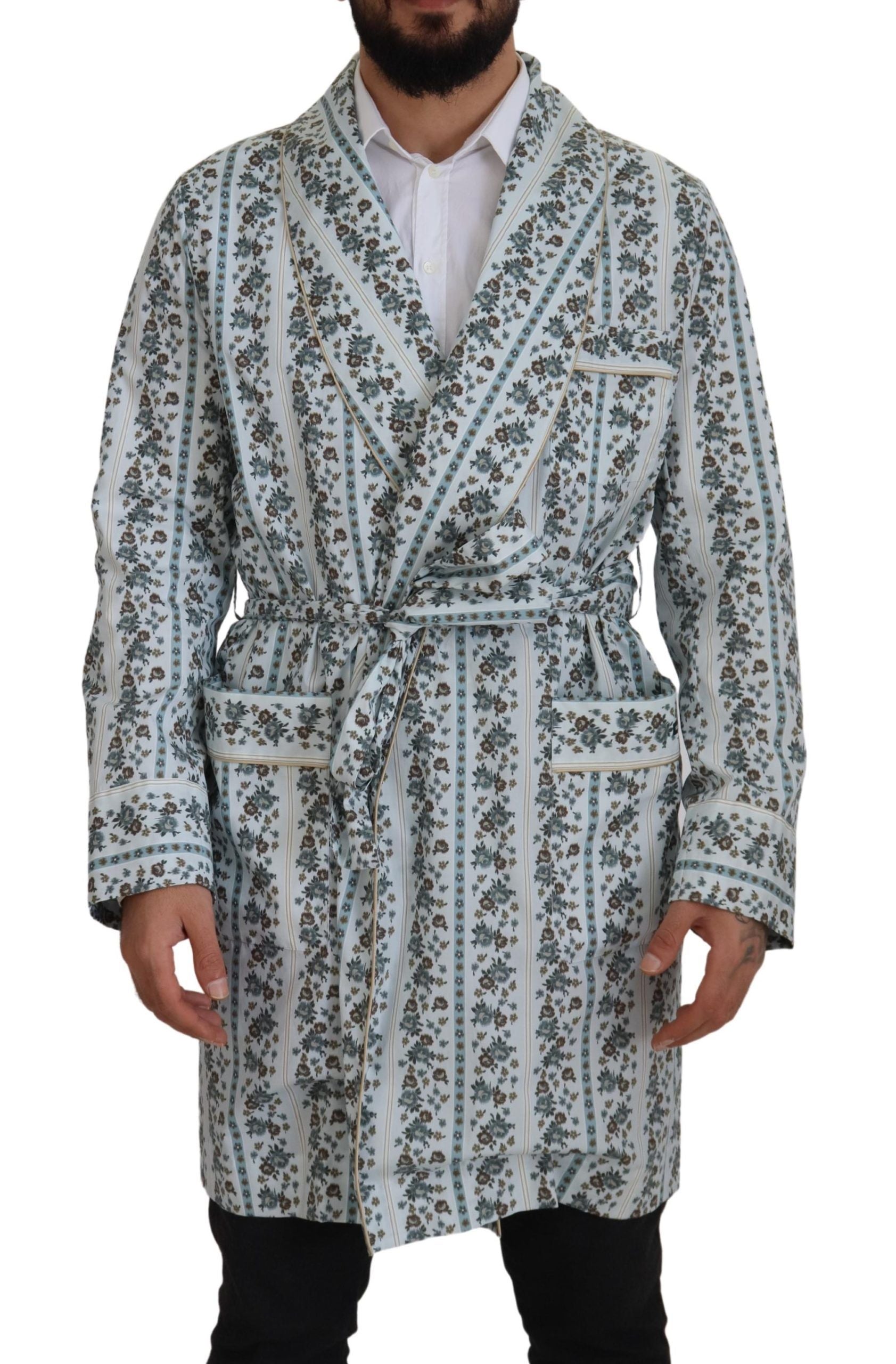 Dolce & Gabbana Blue Floral Cotton Robe Coat Jacket | Regal Royce