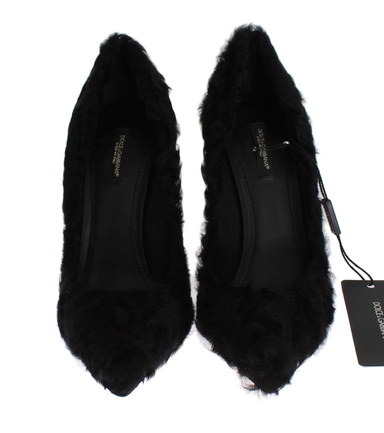 Dolce & Gabbana Black Xiangao Lamb Fur Leather Pumps | Regal Royce